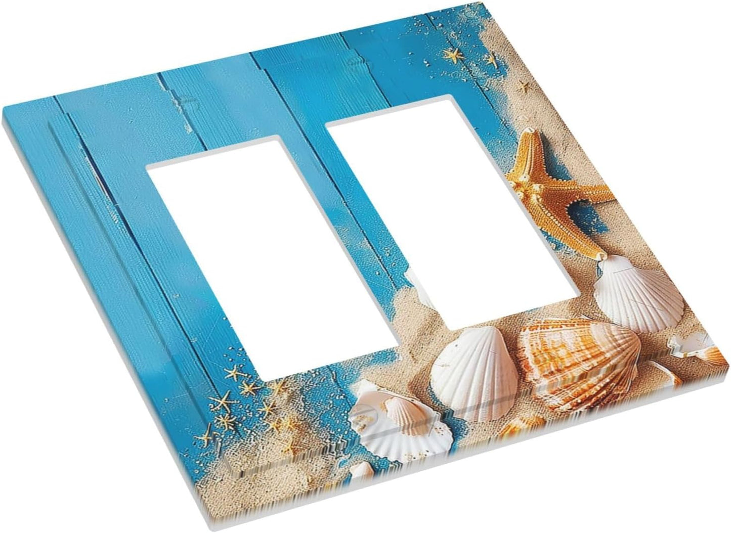 Decorative Outlet Covers Blue Wood Grain Beach Shell Starfish 2 Gang Double GFCI Rocker Electrical Wall Panels Light Switch Cover Plate for Bathroom Farmhouse Decor