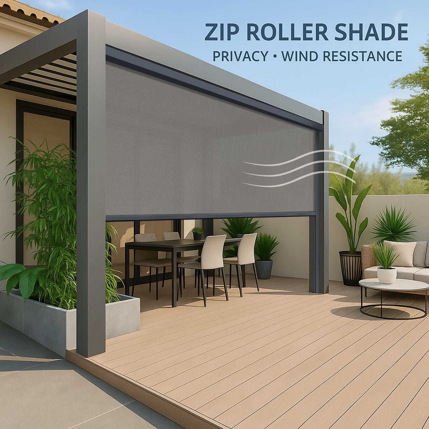 ZSHINE Hard-Wired Outdoor Snow Blocking Weatherproof Motorized Patio Roller Shades Remote Control for Porch Balcony Customized Size (Light Grey 1% Openness)