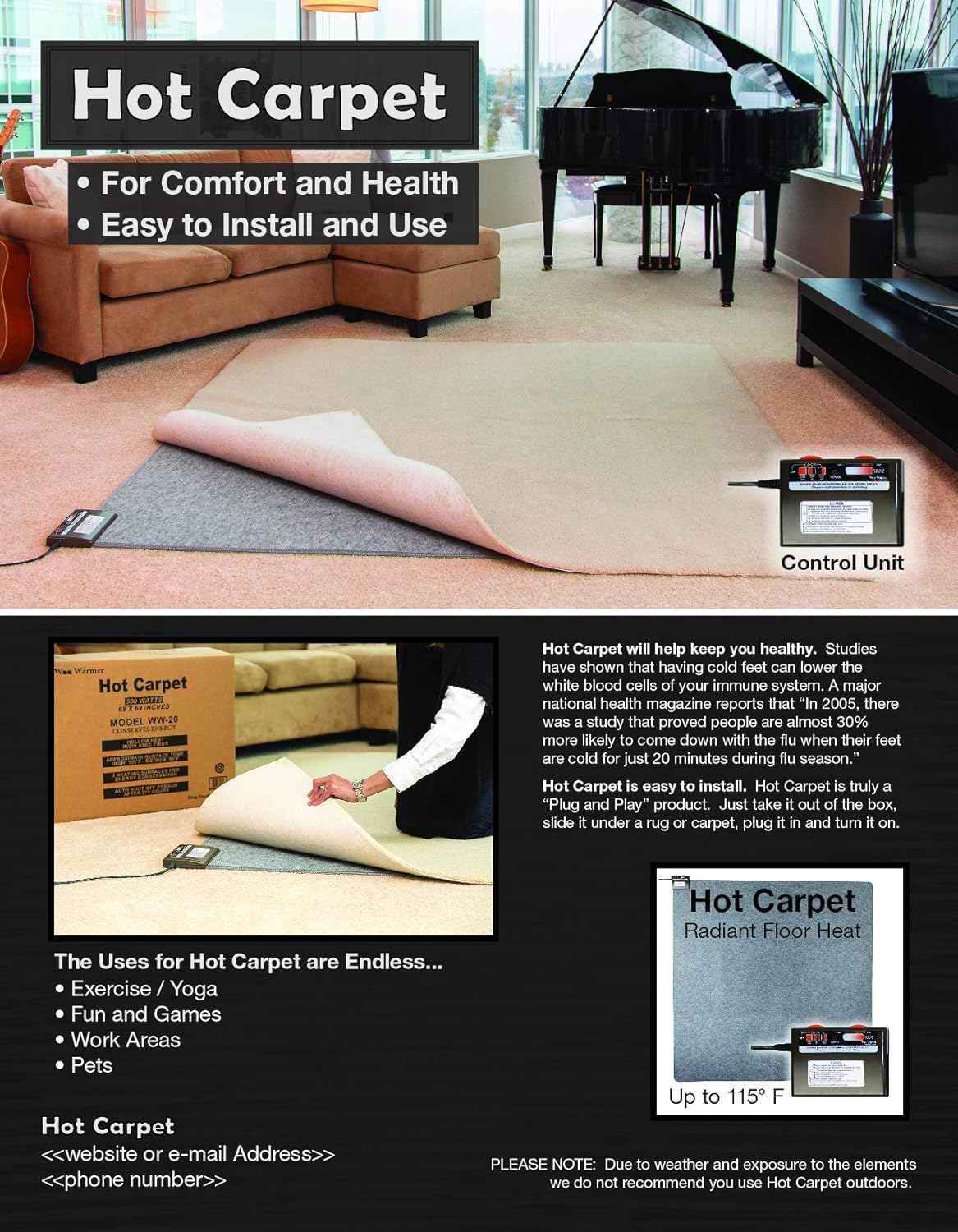 Hot Carpet High Heat Retention Felt Under Rug Instant Radiant Floor Heater Electric Mat Electric Heated Area Rug (720.2 watt Extra Thick Mat) Made in Seattle WA