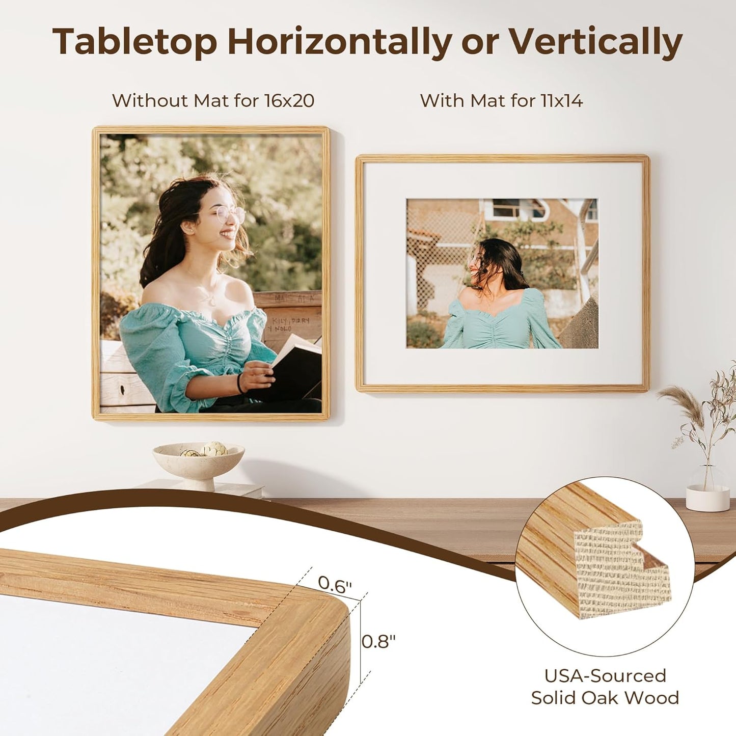 16x20 Picture Frame for Wall, Solid Oak Wood 16 by 20 Frames, 16 x 20 Poster Frame with Tempered Glass, 16x20 Frame Matted to 11x14, 16"x20" Wood Frame for Home Decor, Natural Oak Color, 1 Pack