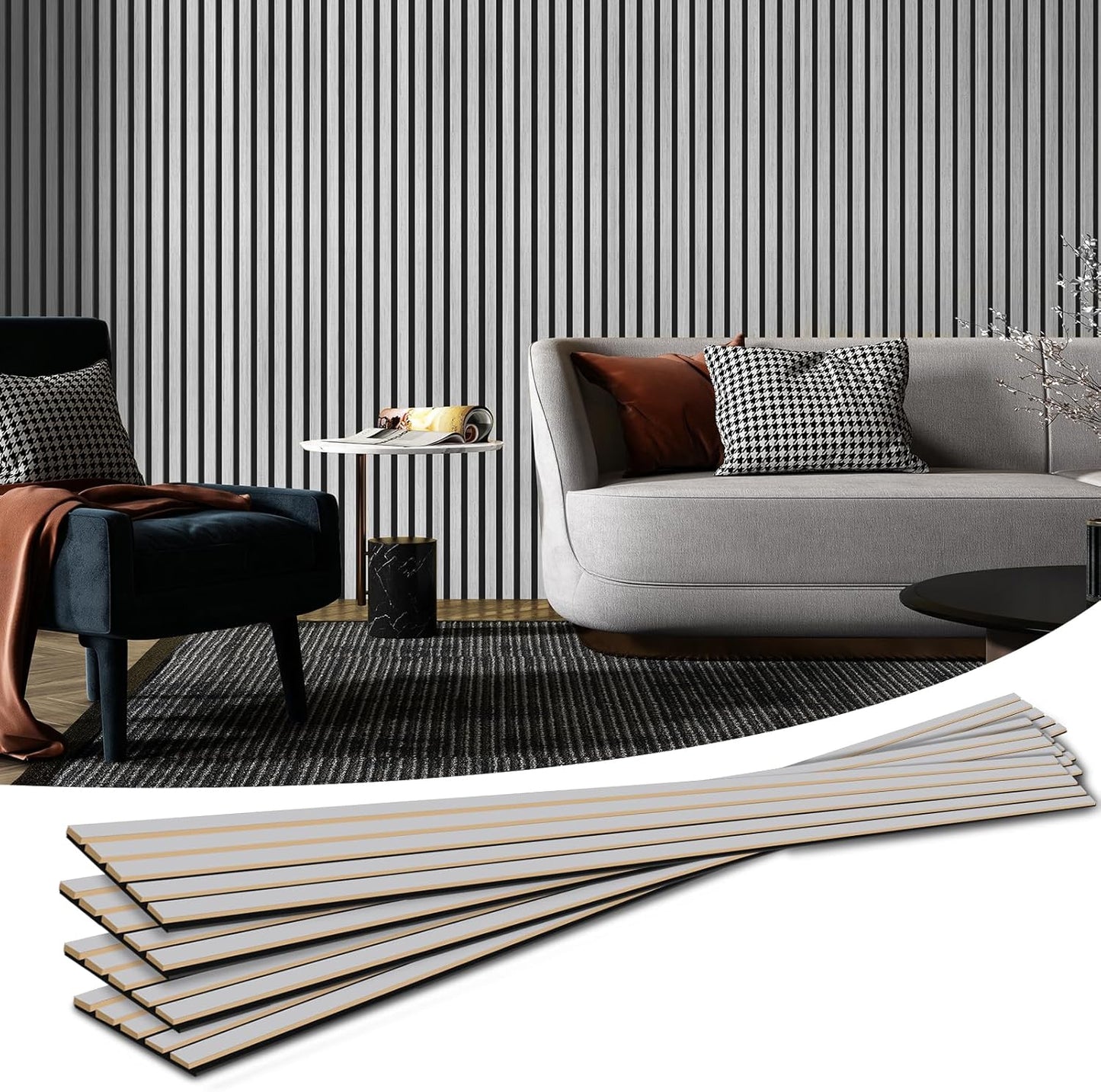 Art3d 4-Piece Wood Slat Acoustic Panels for Stylish Decor and Noise Reduction, 3D Textured Panel for Ceiling and Wall, Brushed Silver
