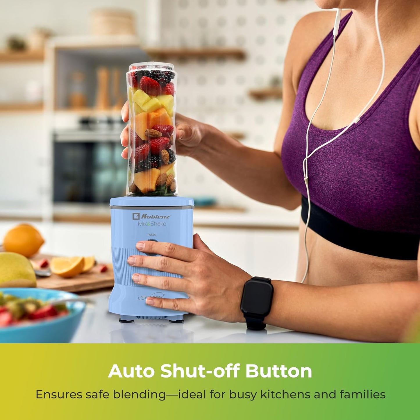 Koblenz Mix&Shake Blender, 20 oz Portable Blender, 600W Motor, Pulse, ON/OFF Functions, Stainless Steel Blades, Shakes, Sauces, Smoothie Maker, (1) 20 oz To-Go Bottle, Blue, MSKM-600 A