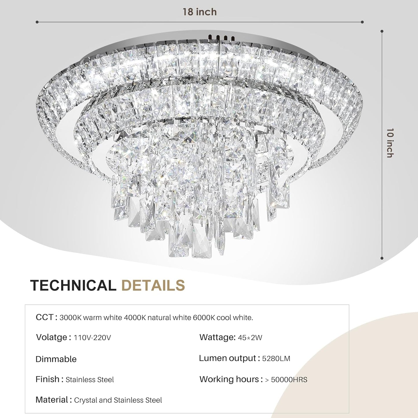 COCOSTAR 18 inch Flush Mount Crystal Chandeliers with Remote and APP, Modern Elegant LED Crystal Raindrop Ceiling Light Fixture, 3CCT Dimmable, for Living Room Kitchen Island Bedroom Entryway Foyer