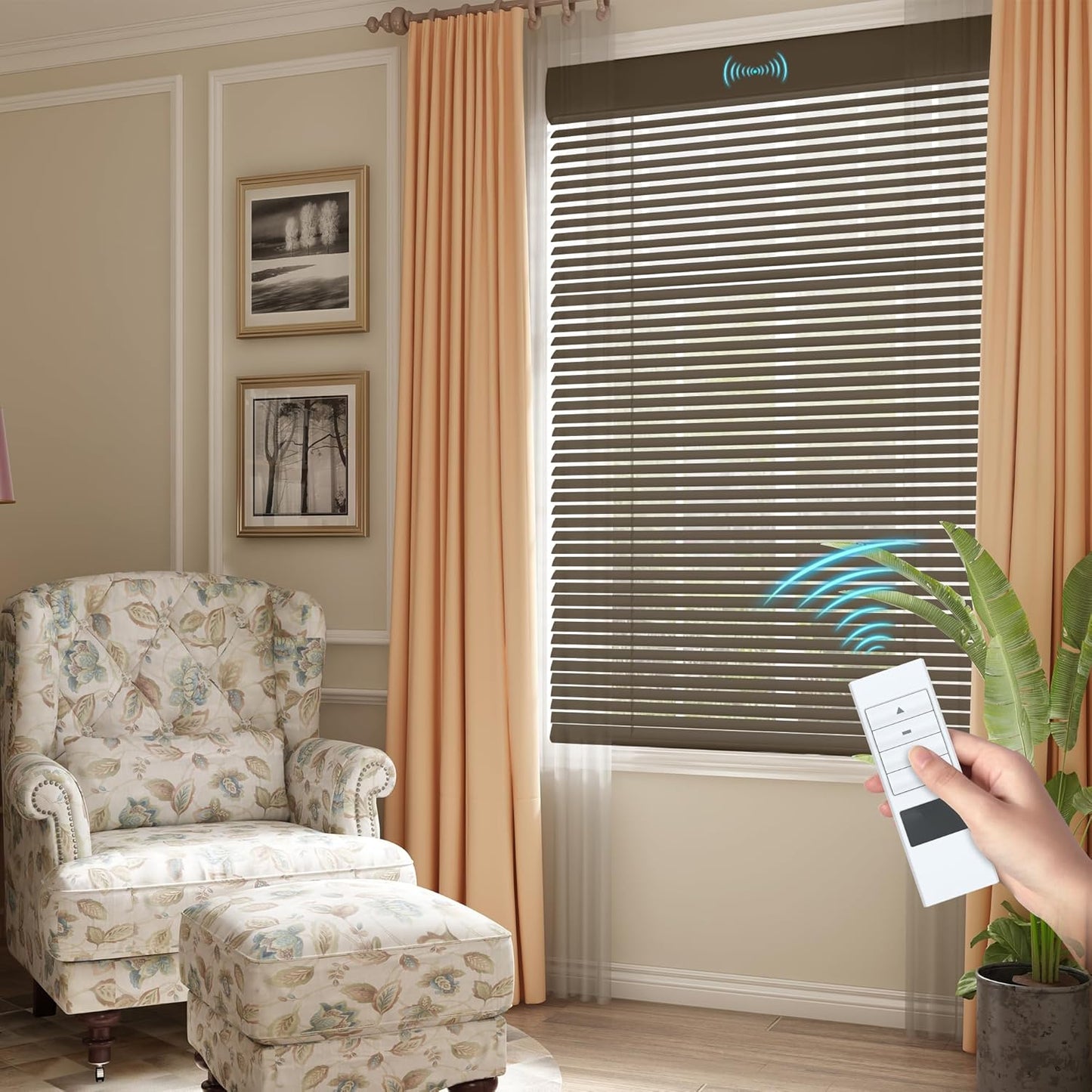 Motorized Cordless Aluminum Blinds with Remote, Automatic Room Darkening Horizontal Blinds for Indoor Windows, Light Adjustment Waterproof Blinds, Customized for Home Office, Brown