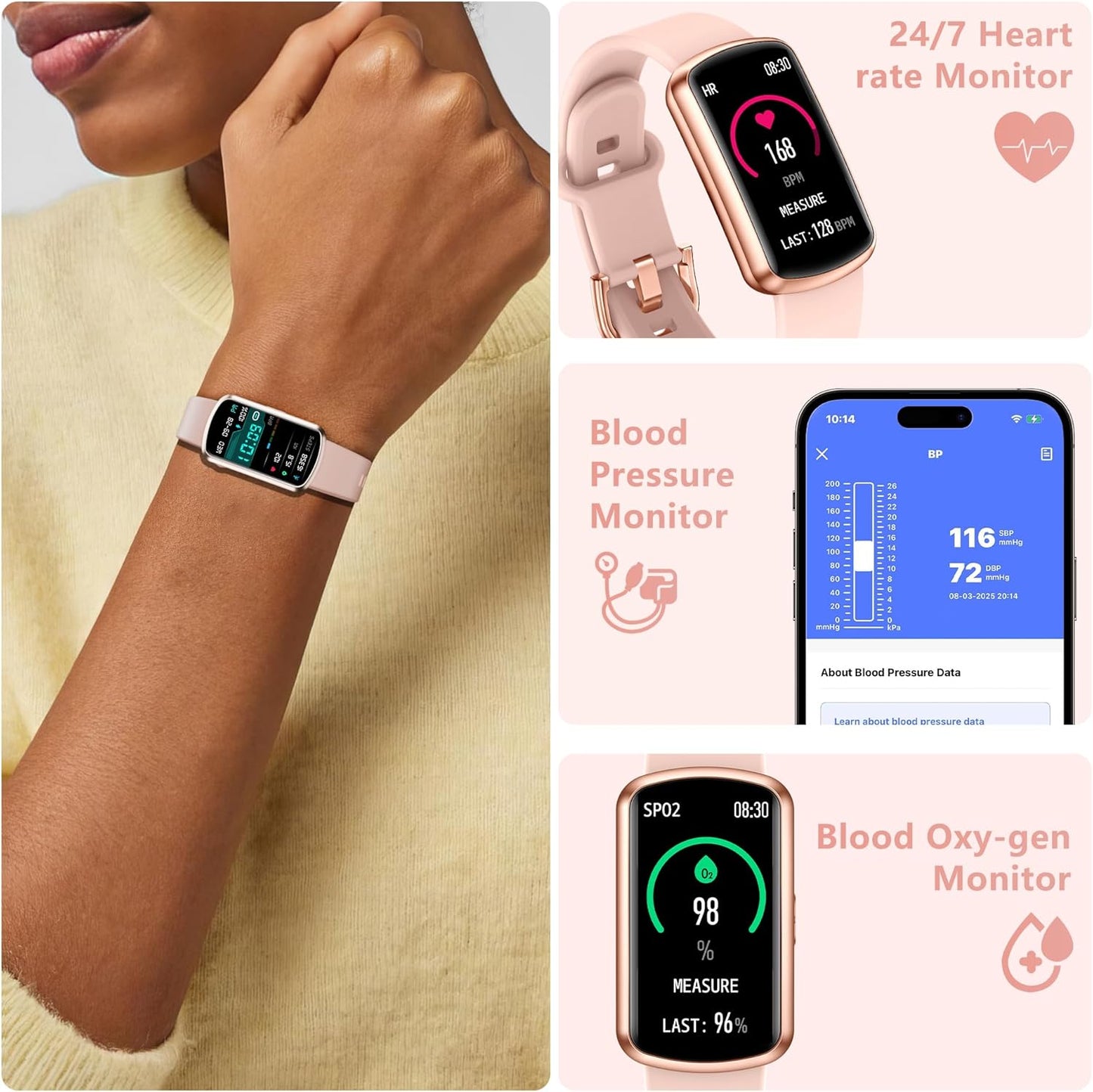Health Fitness Tracker, Smart Watch with 24/7 Heart Rate, Activity Tracker with Blood Pressure and Blood Oxygen Monitor, 120 Sport Mode Waterproof Sleep Tracker for Women Men (Pink)