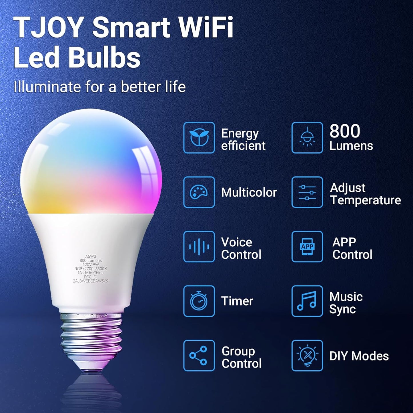 TJOY Smart Light Bulbs, Bluetooth WiFi Led Bulb Compatible with Alexa &Google Assistant, RGB Color Changing Alexa Bulb, 9W(60W Equivalent), A19 E26 800LM, 2.4Ghz WiFi only,2 Pack