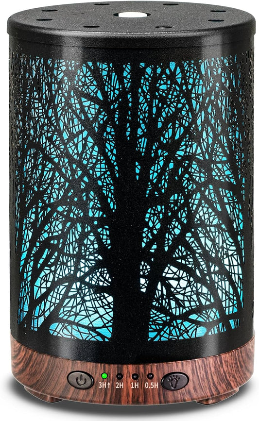 Essential Oil Diffuser 120ML Metal Aromatherapy Diffuser, Cool Mist Humidifier with Auto Shut-Off Protection 7 Color Lights for Home Office Spa (Tree)