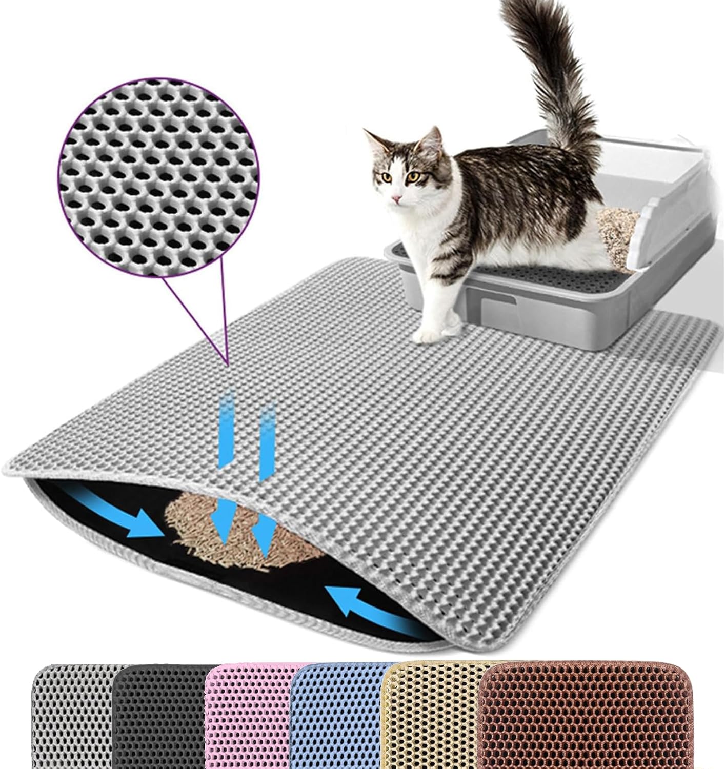 Small Cat Litter Mat, 20x14’’ Double Layer Honeycomb Cat Litter Box Mat, Non Slip Waterproof Urine Proof Litter Trapping Mat for Floor, Kitty Litter Pad, Indoor Pet Supplies, Gray