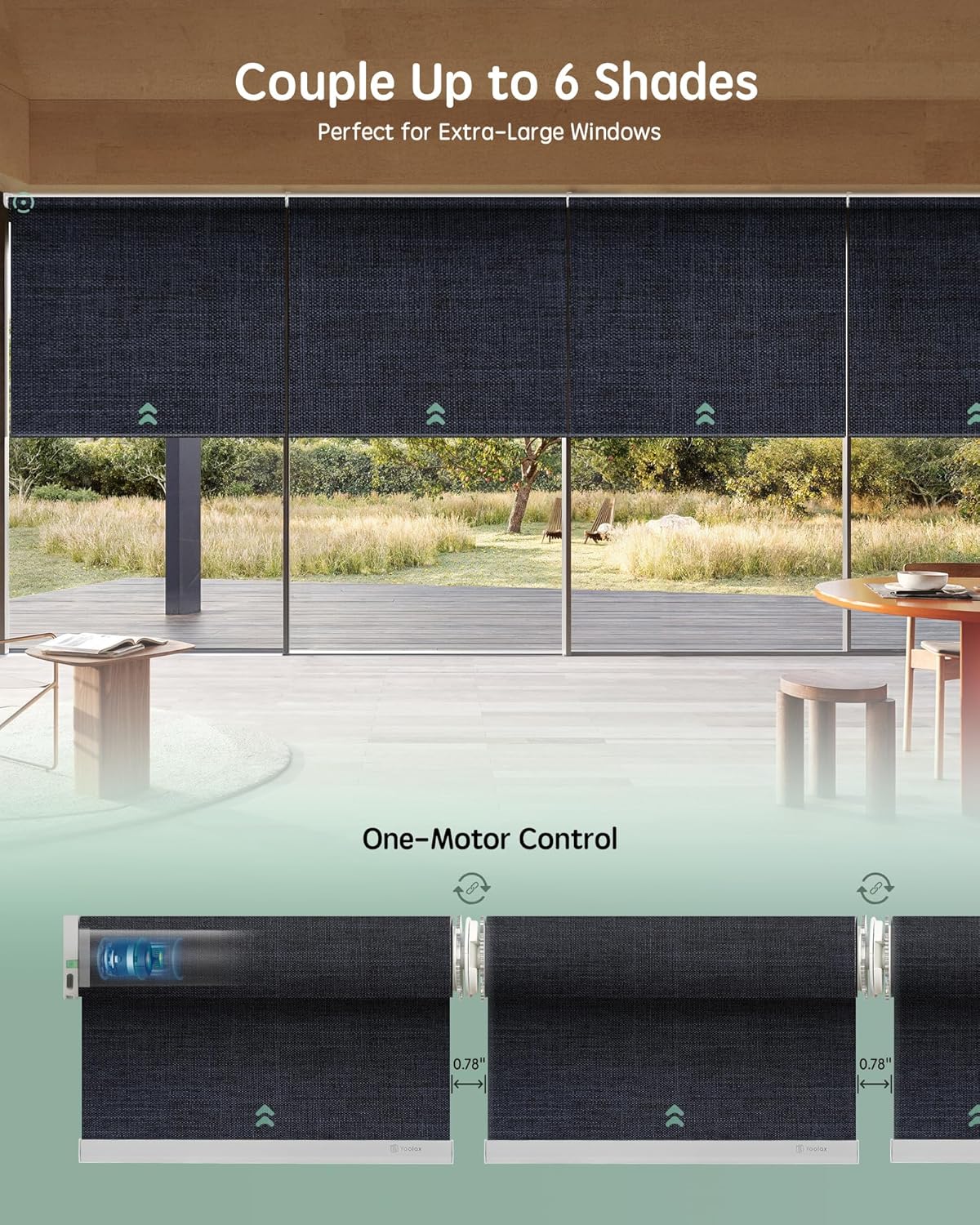 Yoolax Smart Coupled Roller Shades Compatible with Alexa Google, Motorized Blinds with Remote Blackout Coupled Roller Shades for X-Large Windows, Custom Size (XL Coupled-Navy Blue)