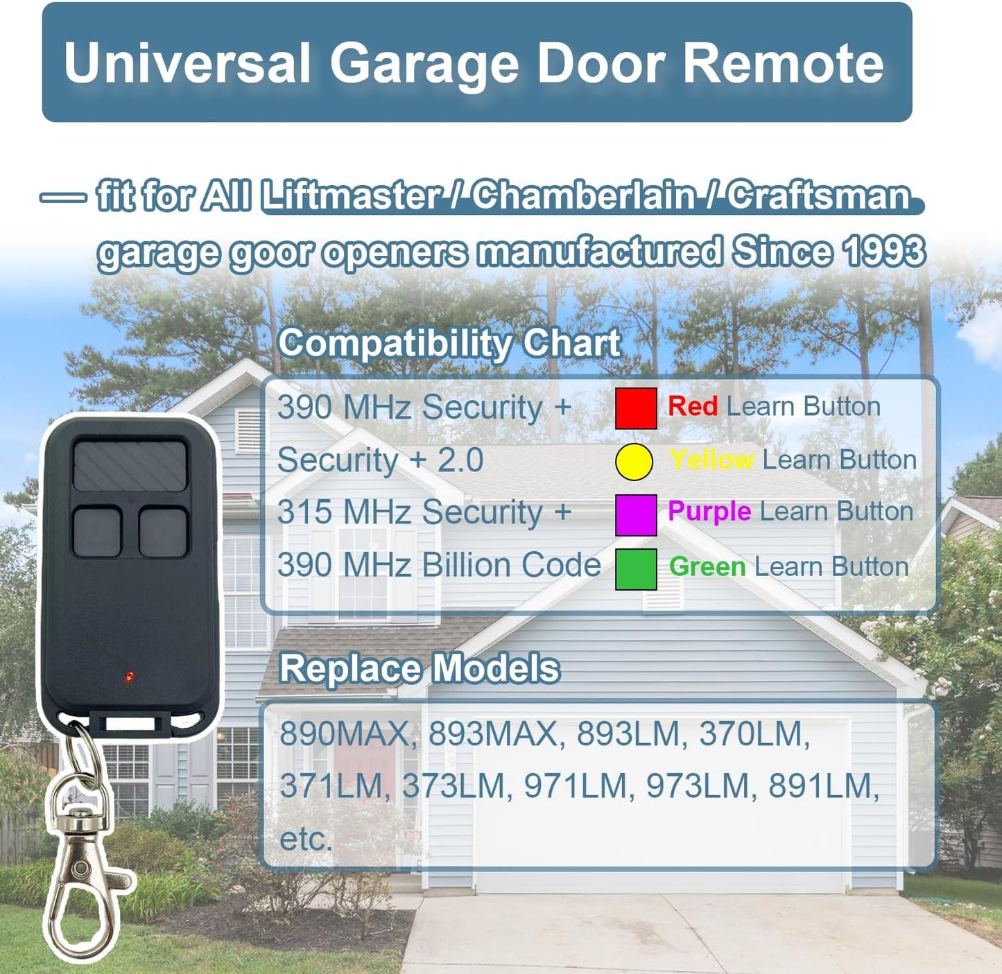 Universal Garage Door Opener Remote, Fit for Liftmaster, Chamberlain, Craftsman Garage Door Openers, Replace 890MAX 893MAX 893LM 370LM 371LM 373LM 971LM 973LM 891LM 3-Button Keyless Wireless Remote