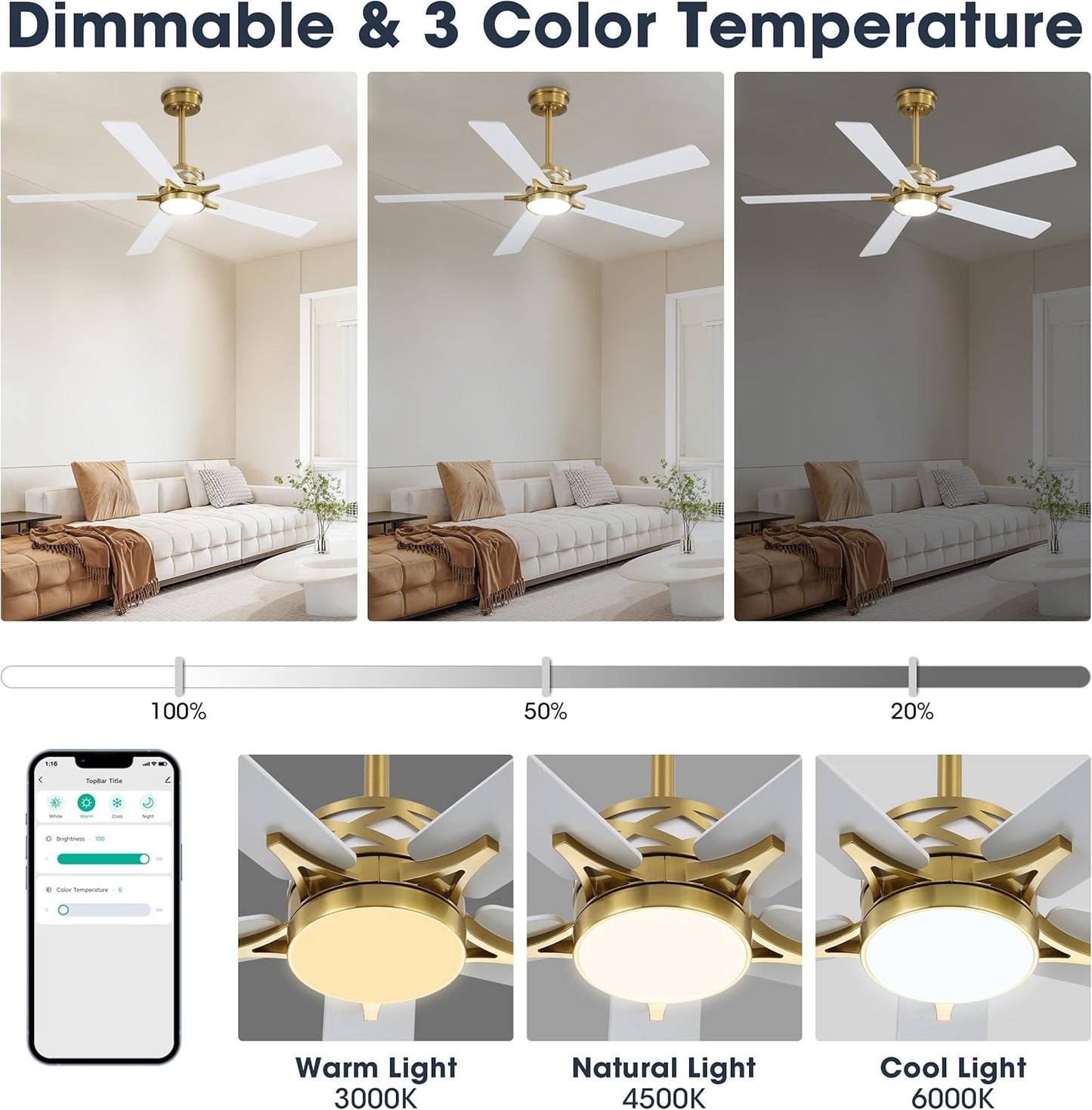 WINGBO 60" Smart Ceiling Fan with Lights and 3 Downrods, 5 Plywood Blades, 6 Speeds Reversible DC Motor, Works with Alexa and Google Assistant, 3CCT Dimmable LED Large Ceiling Fans, Brass and White