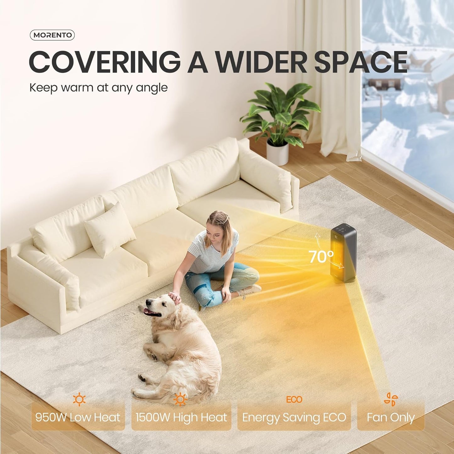 MORENTO Space Heaters for Indoor Use, Portable Electric Heater with Thermostat, Smart and Voice Control, 1500W PTC Ceramic Safety, 36dB Quiet Smart Heaters for Office Bedroom Home Black 1Pack