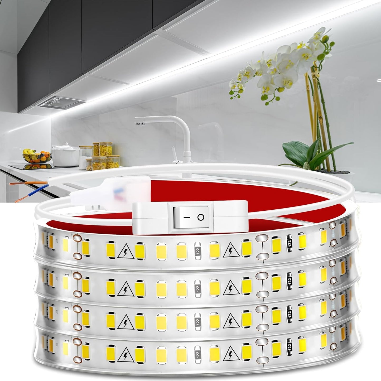 maylit Under Cabinet LED Strip Lighting Hardwired 72in, Ultra Bright Small LED Light Bar, 6000K Cool White, 110V-120V Wired Lights for Kitchen Cabinet, Counter, Workbench, Desk, Closet, Shelf, Indoor