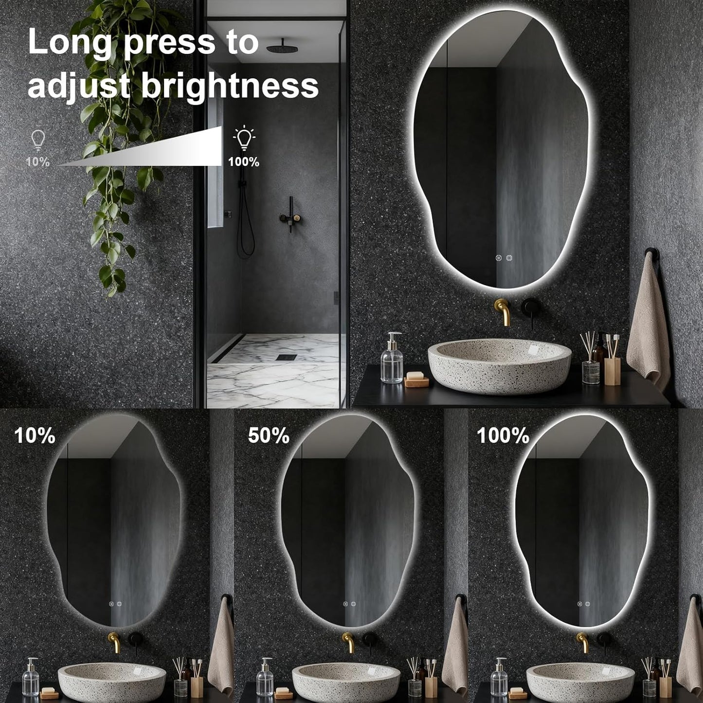 Asymmetrical Bathroom Mirror with Lights,Irregular LED Bathroom Vanity Mirror with Backlit,Anti-Fog,3 Colors and Dimmable Light with Memory,Hardwired Supported[Horizontal/Vertical] 48" H x 30" W