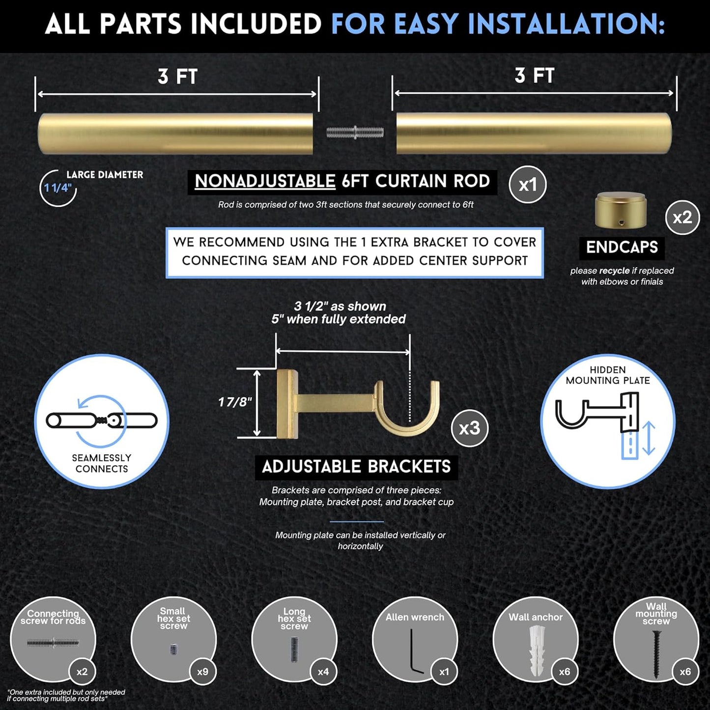 BlastHome® Non-Adjustable Luxury Curtain Rods for Windows, 1 ¼” Rod Set, 6 foot Fixed Length (Two Rods Connect for a Seamless Look), Brushed Gold