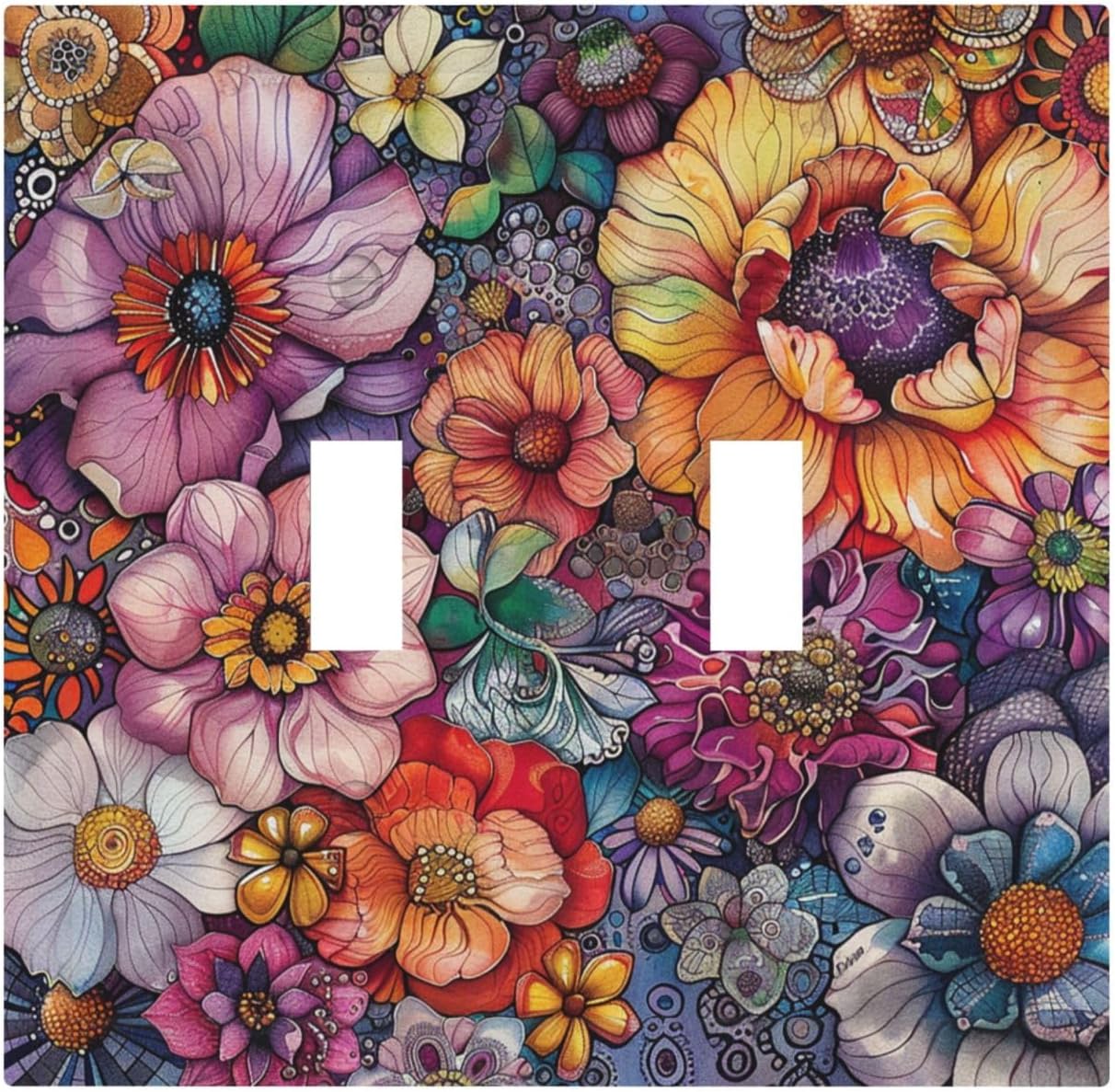Decorative Switch Plates Colorful Bohemian Flowers Vintage Boho Floral 2 Gang Double Toggle Outlet Light Switch Cover Wall Plate Electrical Faceplate for Bed Room living Room Decor