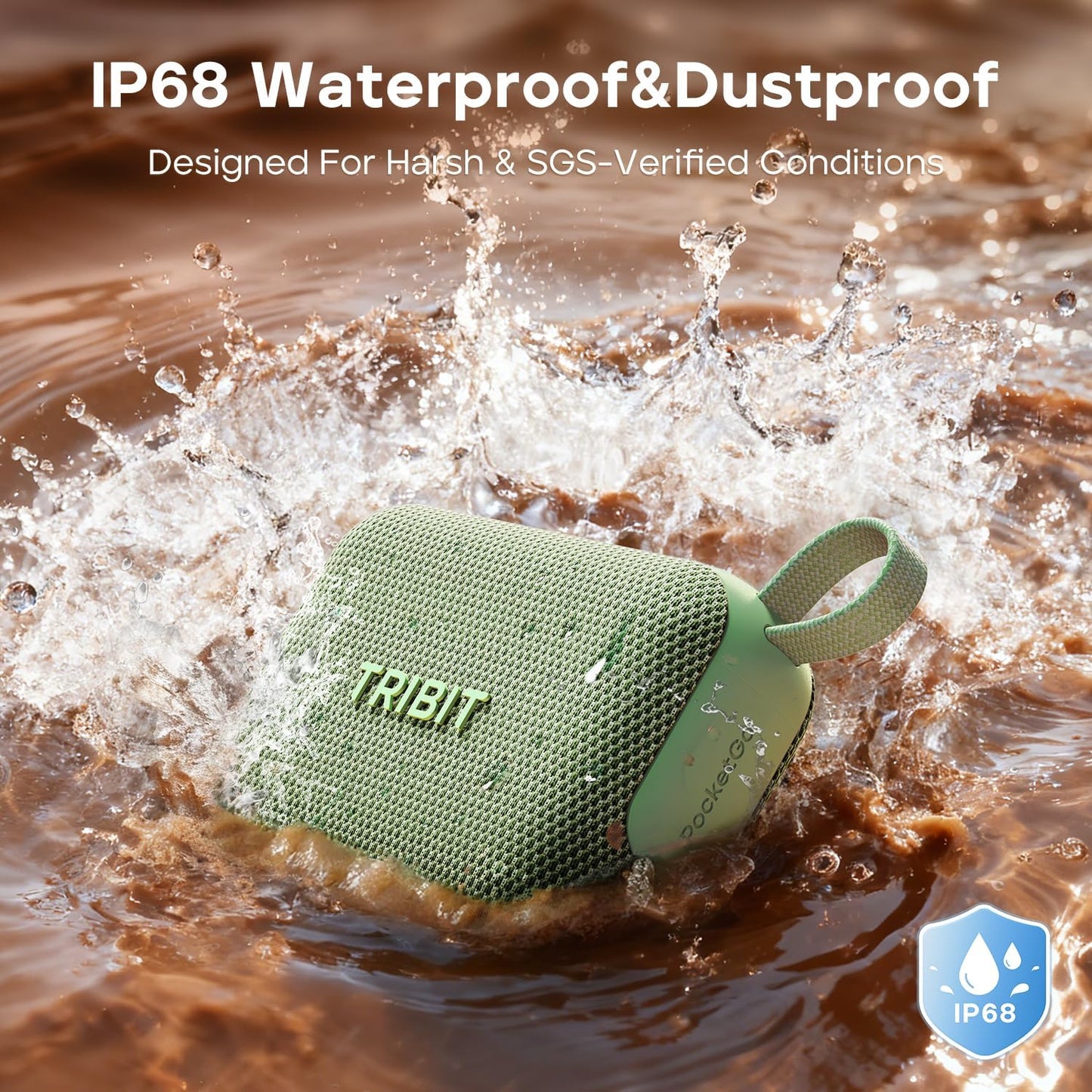 Tribit PocketGo Portable Bluetooth Speaker, 20H Playtime, IP68 Waterproof/Dustproof, Wireless, BT6.0, Shower, Powerful Sound, Custom EQ, TWS, Support TF Card, Floatable, Type-C, Travel/Home (Green)