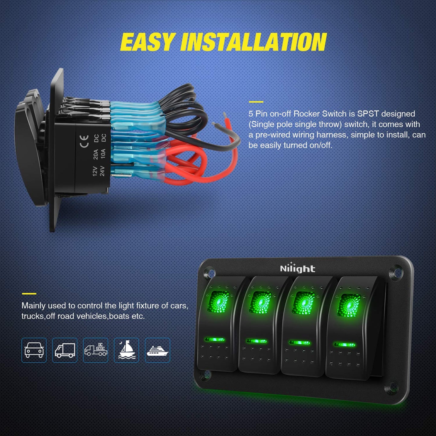Nilight 4 Gang Rocker Switch Panel 5Pin On Off Toggle Aluminum Holder 12V 24V Dash Pre-Wired Green Backlit Switches for Automotive Cars Marine Boats RVs Truck
