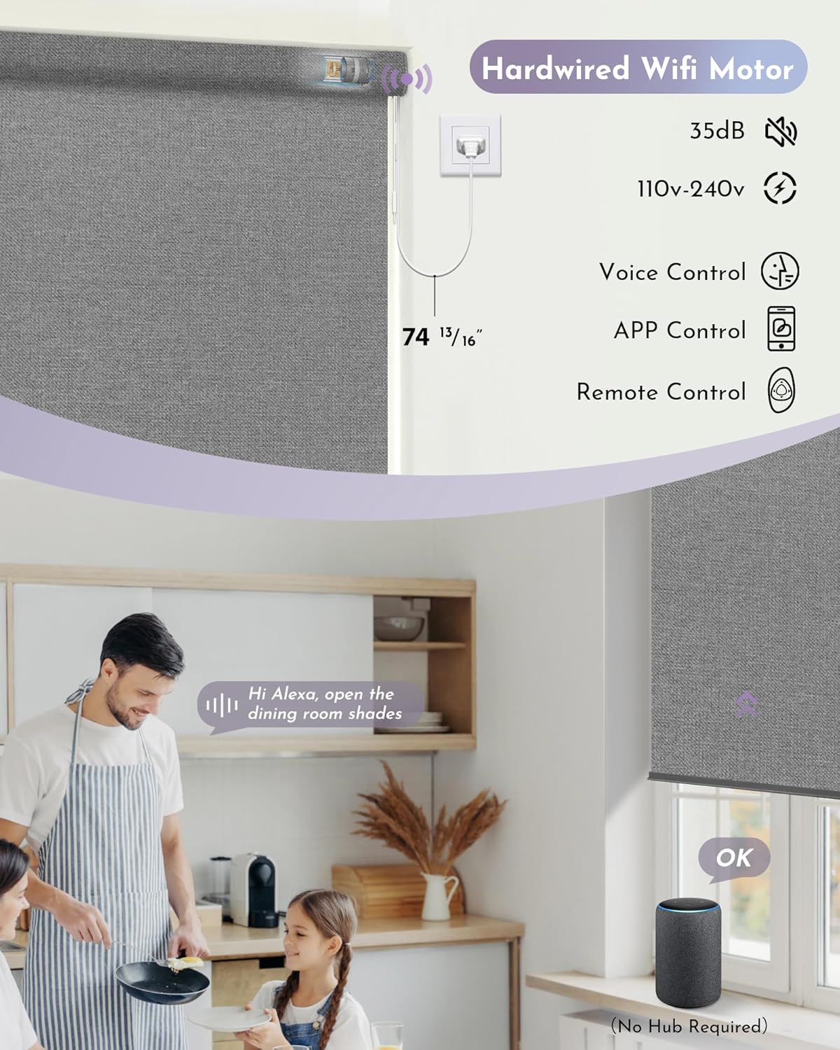Graywind Motorized Roller Shade 100% Blackout Compatible with Alexa Google Textured Fabric Remote Control Hardwired Window Shades Window Blinds, Customized Size (Weaving Cloud)