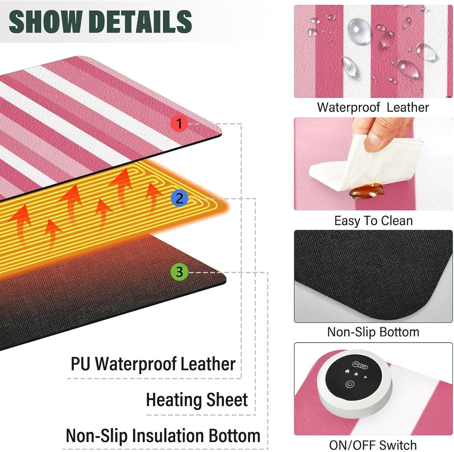 Heated Desk Pad Mouse Pad 31.5x13 Inch PU Leather Desk Mat with 3 Heat Levels Large Mouse Gaming Computer Laptop Mat Pink and White Stripes