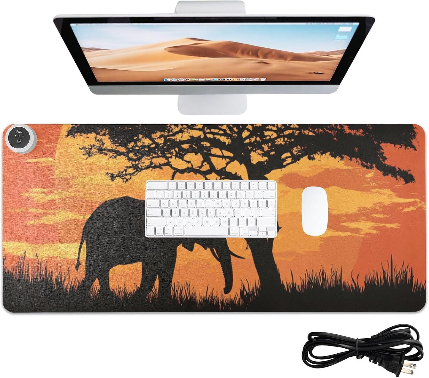 Heated Desk Pad Mouse Pad 31.5x13 Inch PU Leather Desk Mat with 3 Heat Levels Large Mouse Gaming Computer Laptop Mat Elephant Silhouette Sunset Red