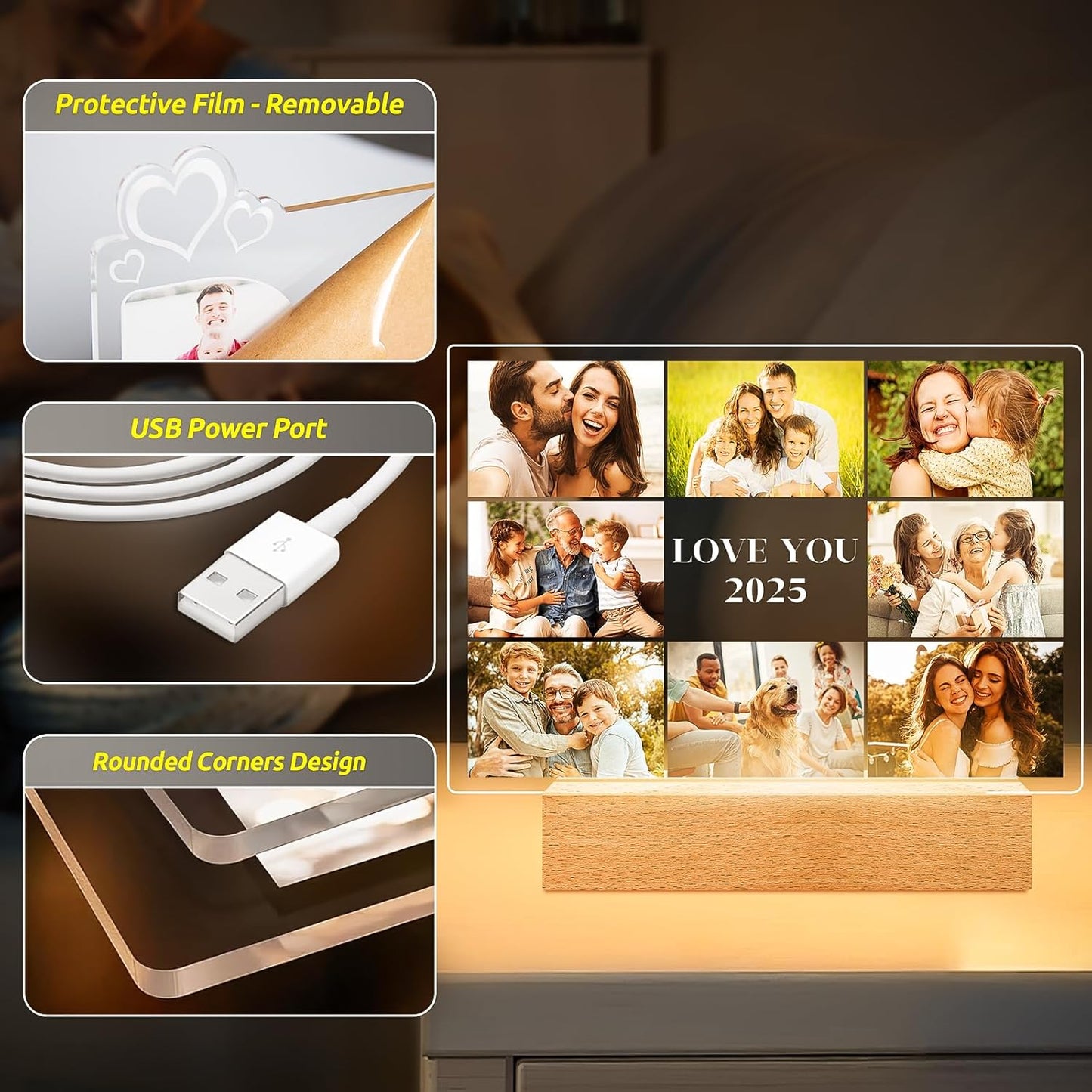 Custom Picture Frames with Photo, Personalized Photo Frame with Night Light, Customized Picture Frame, Personalized Anniversary Birthday Gifts for Women Men Mom Dad Grandma Grandpa Kids Family Friend