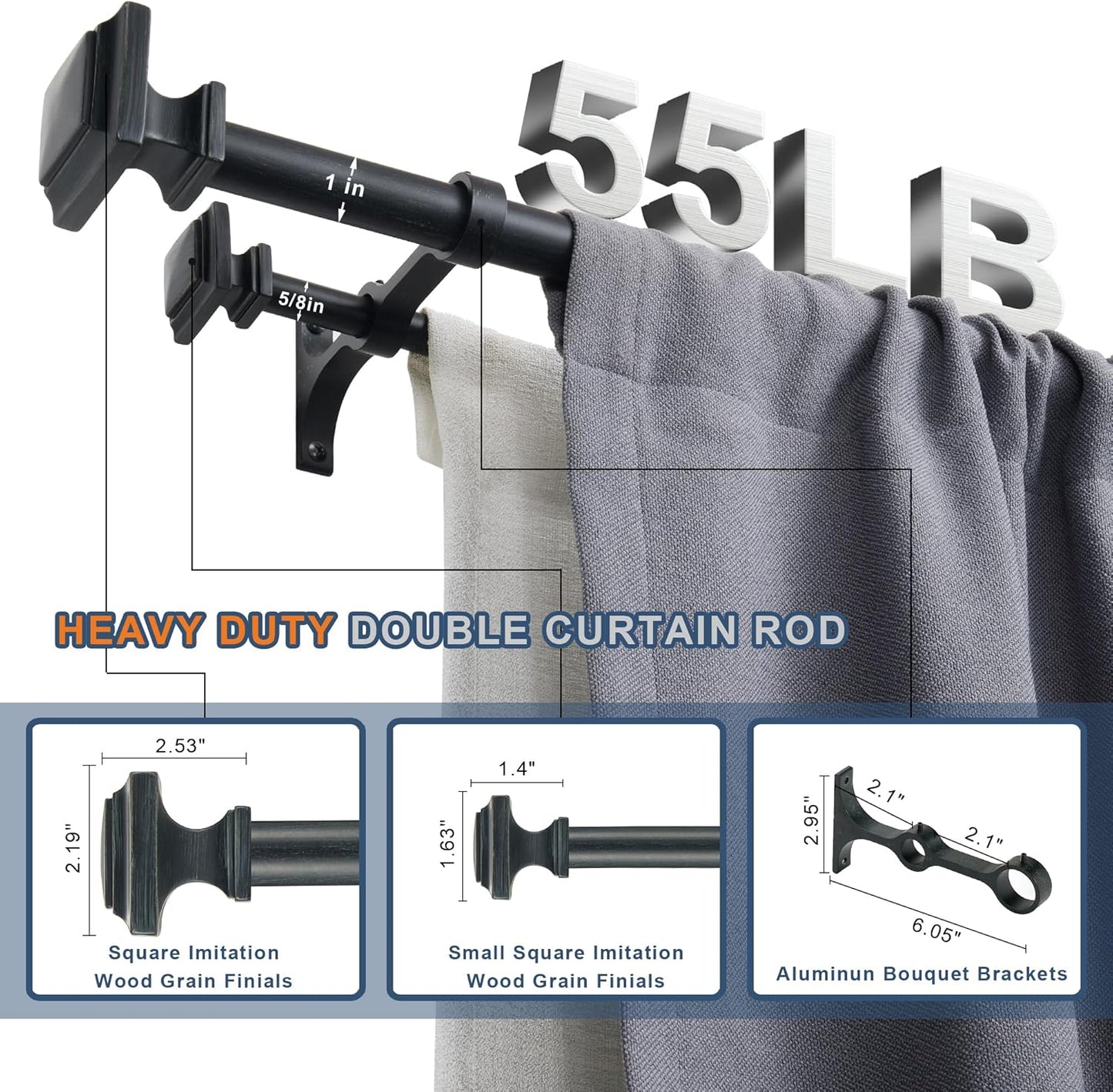 Double Wood Curtain Rods for Windows 72 to 144 Inches,1 Inch Decorative Wooden Curtain Rod with Square Imitation Wood Grain Finials and Double Aluminum Bouquet Bracket, Antique Black