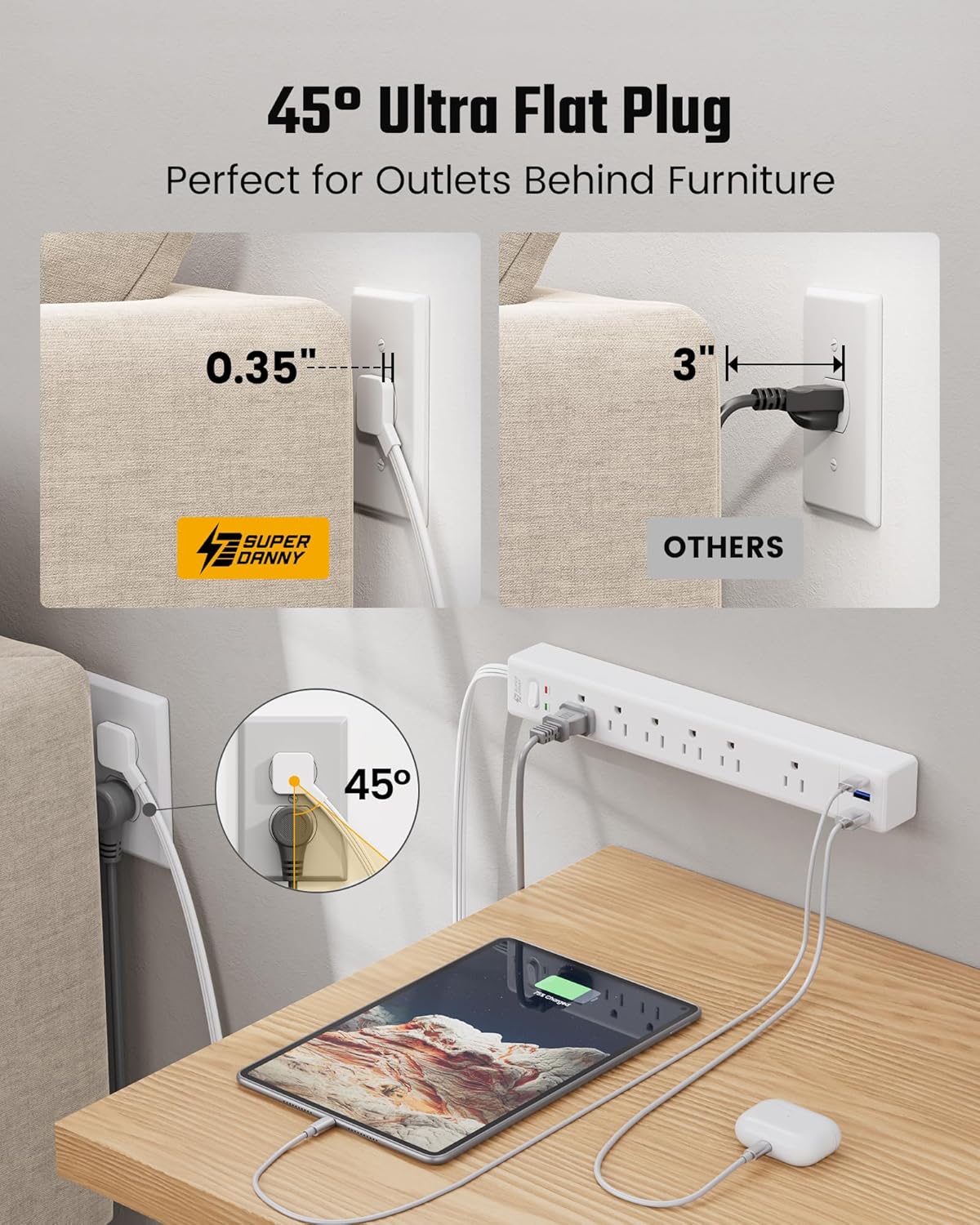 Flat Plug Surge Protector Power Strip, 6ft Ultra Thin Extension Cord with 3 USB, SUPERDANNY 6 Outlets Charging Station, Wall Mountable Outlet Extender for Home Office, College Dorm Room