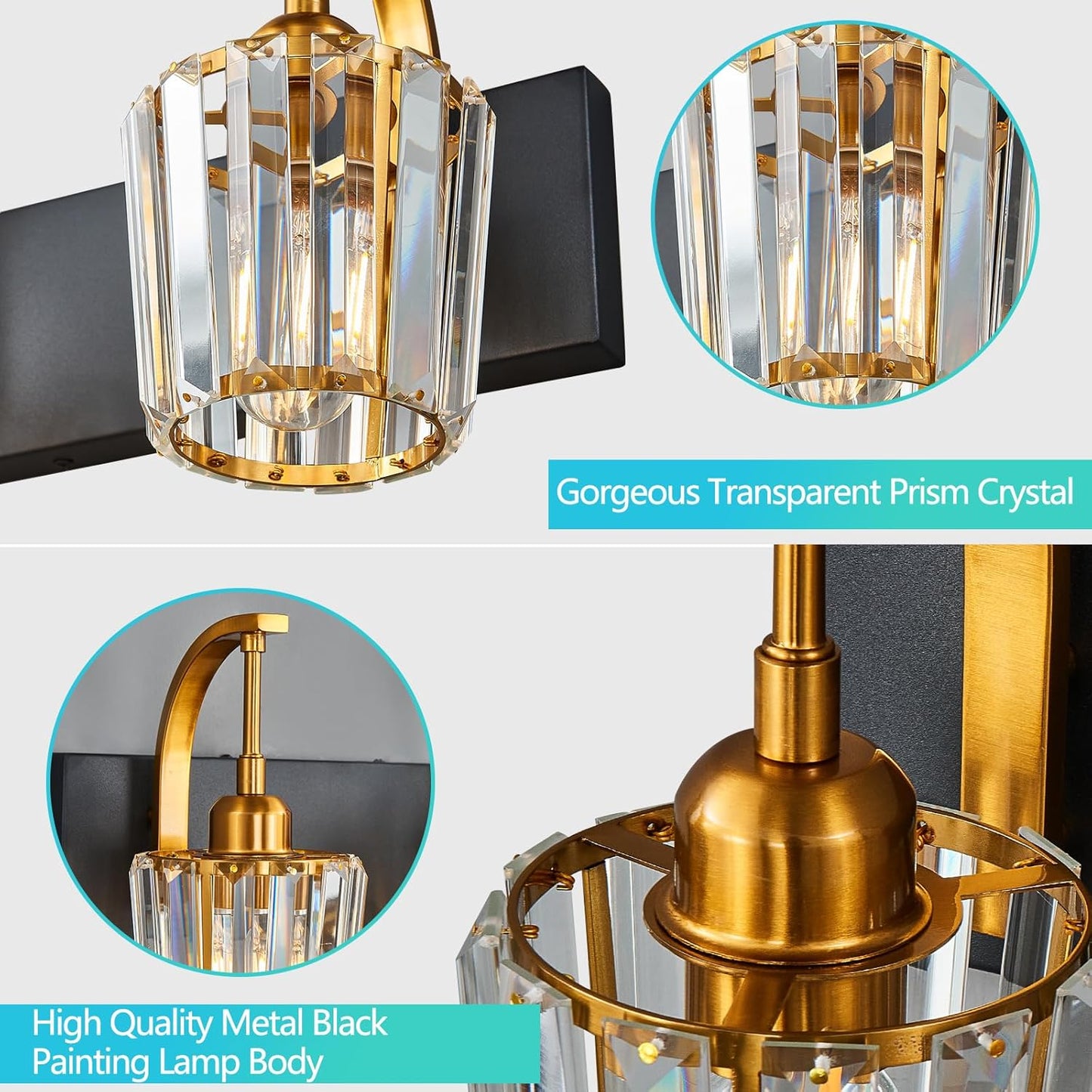 Modern Bathroom Vanity Light, 3-Light Black Gold Wall Sconce with Crystal Accents, Over Mirror Bathroom Lighting Fixture, 23.62" Long Dimmable Vanity Lamp for Makeup, Easy Installation