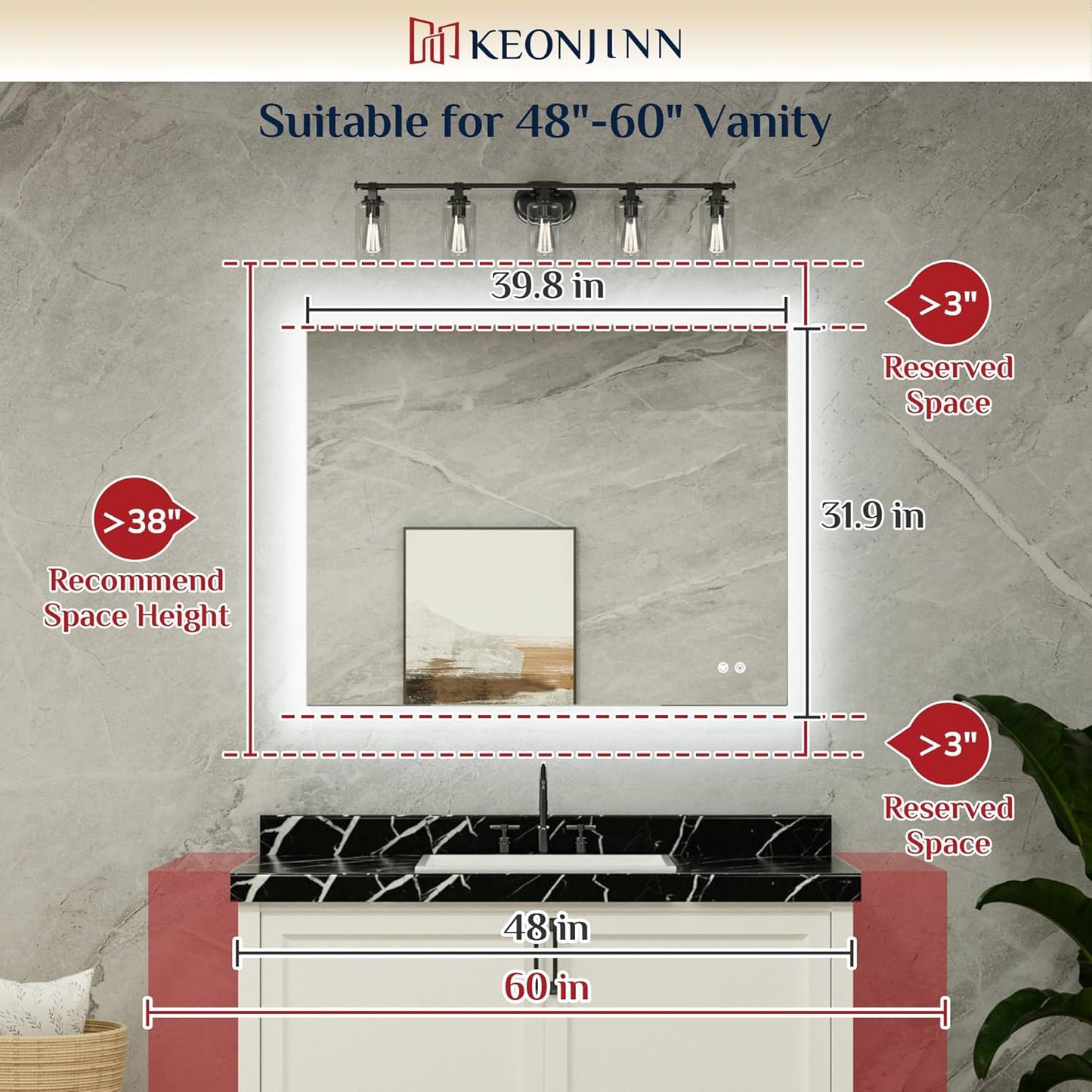Keonjinn 40 x 32 Inch LED Bathroom Mirror with Backlit, Anti-Fog, CRI90+ HD Dimmable Vanity Mirror, High Lumen, Horizontal/Vertical Wall Mount, UL Listed Lighted Vanity Mirror, Waterproof