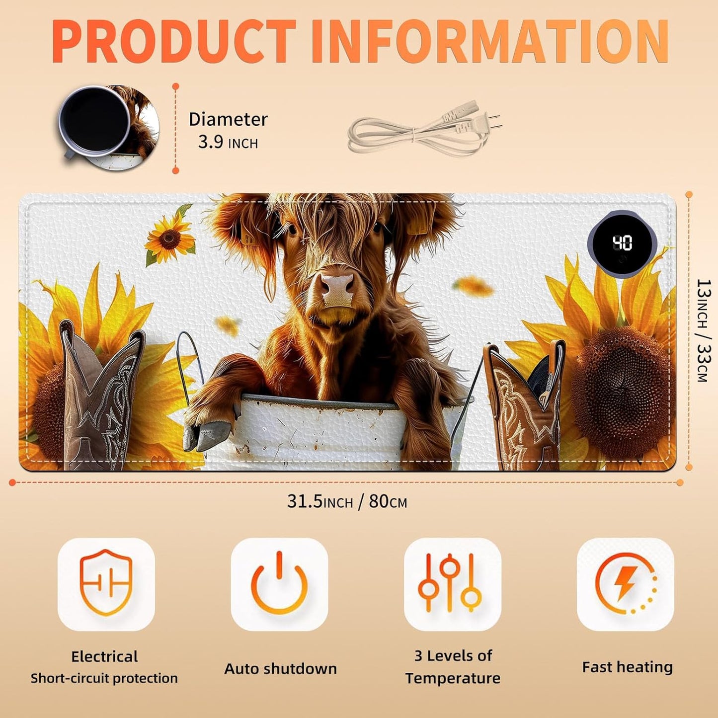 Heated Mouse Pad, Warm Desk Pad, Keyboard Mat 31.5 x 13 Inch Large Size Intelligent Fast Heating, 3 Speed Adjustable, Timed Auto Power Off for Game Office Home,Sunflower Highland Cattle