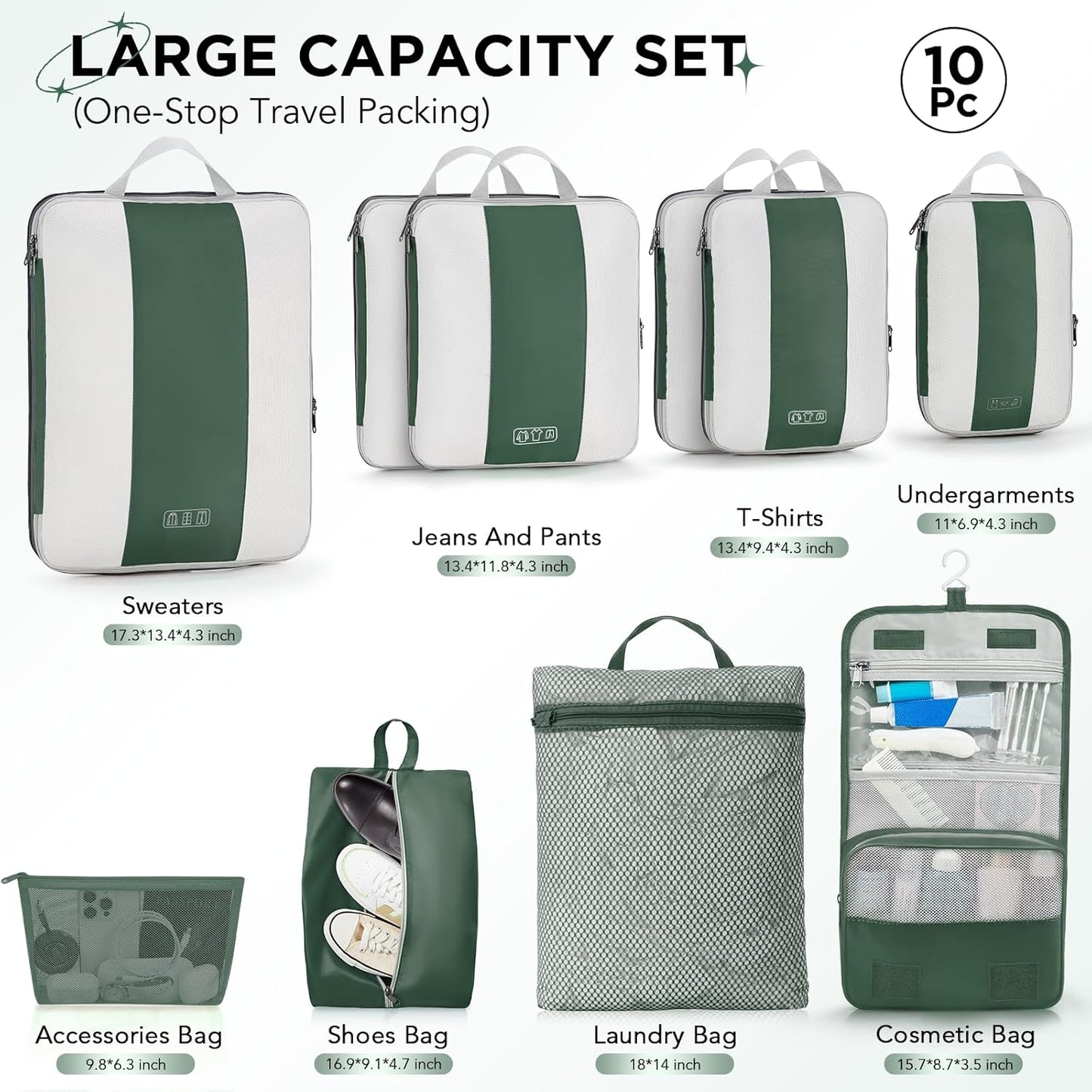 10 Set Compression Packing Cubes for Travel Essentials,Compressible Expandable Packing Cubes for Suitcase,OlarHike Luggage Organizer Bags for Travel,Handy Helper for Organizing Clothes(Dark Green)
