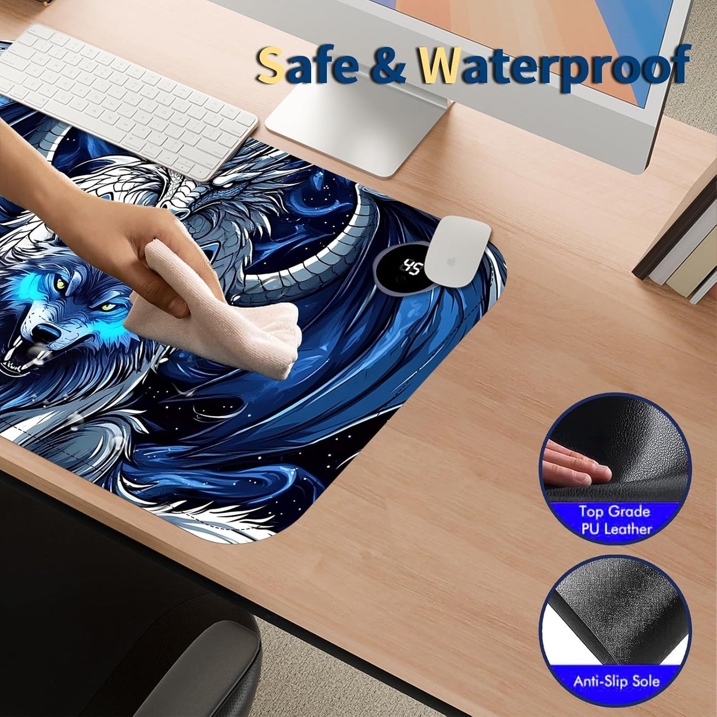 Heated Mouse Pad with 3 Temperature Settings(104°F–122°F),Large 24x14.2 Inch PU Leather Heated Desk Mat,Waterproof Warming Pad for Office,Gaming & Cold Hands Relief,Dragon and Wolf