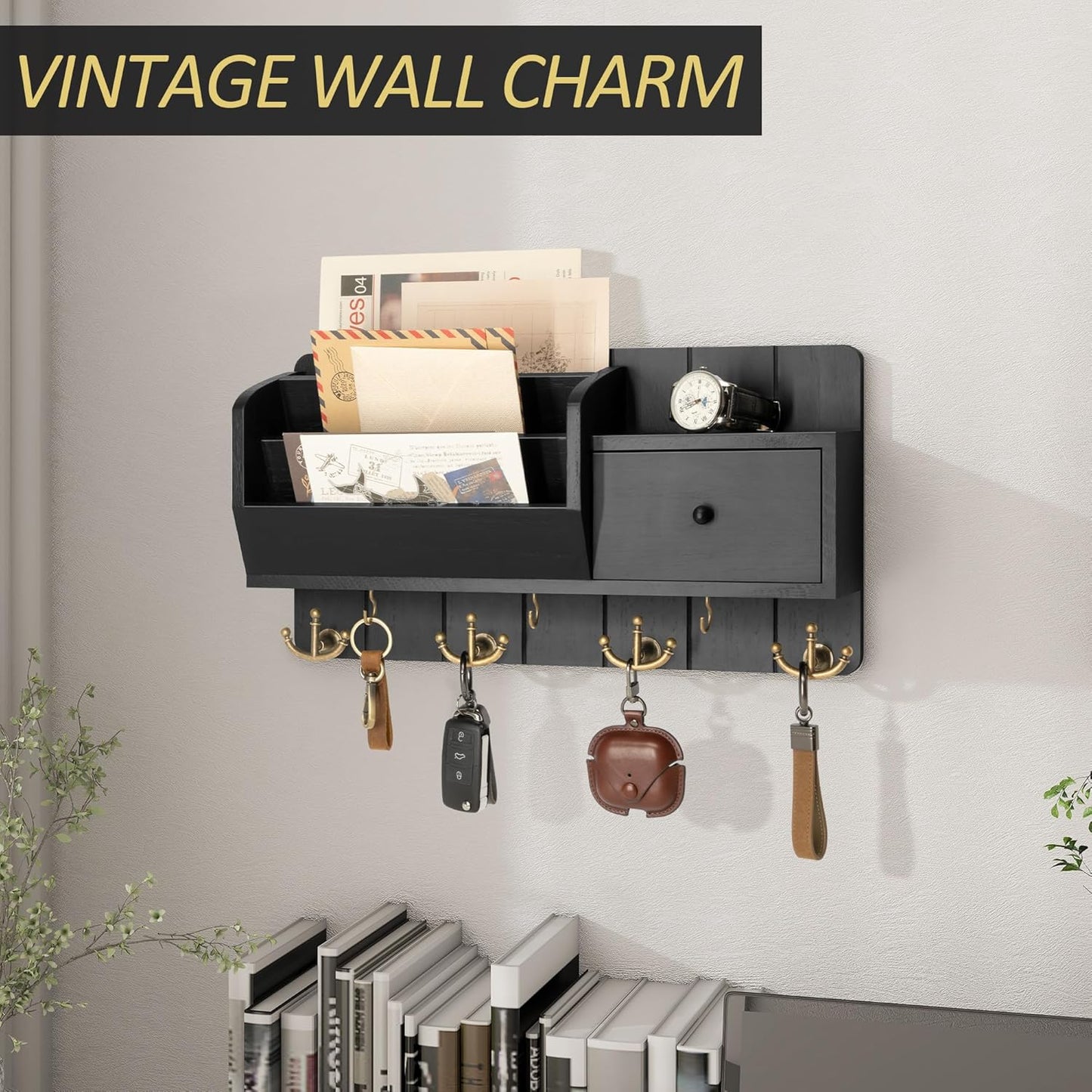 Rebee Vision Key Holder Wall Mount with Mail Sorter - Decorative Mail Organizer for Wall with Key Hooks and Drawer Organizer - Modern Home Essentials for Room Decor (Black)