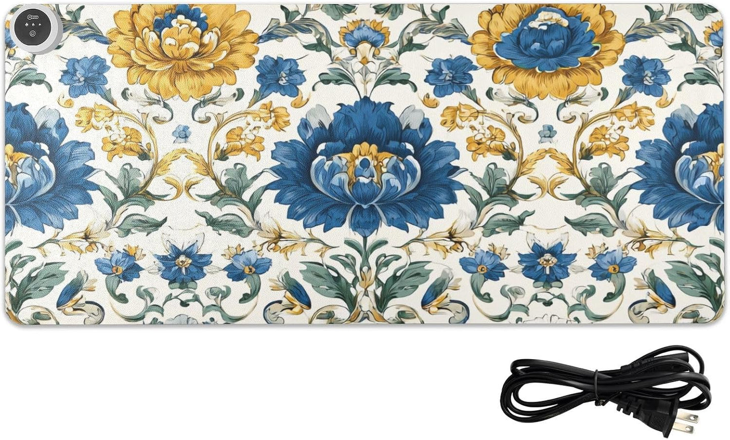Heated Desk Pad Mouse Pad 31.5x13 Inch PU Leather Desk Mat with 3 Heat Levels Large Mouse Gaming Computer Laptop Mat Royal Floral Blue and Yellow Tile