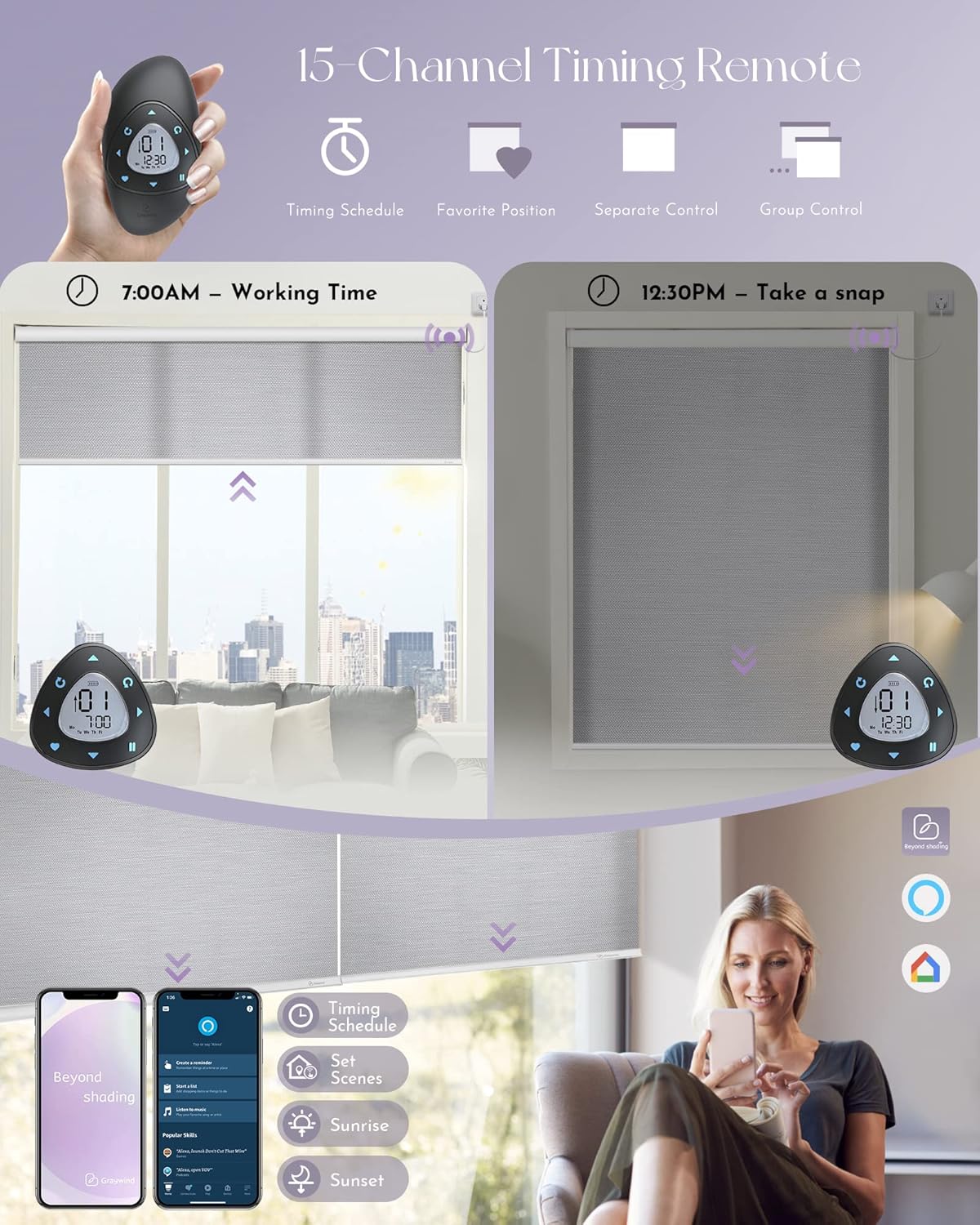 Graywind Motorized Silky Light Filtering Shades Compatible with Alexa Google Hardwired WiFi Smart Half Shading Remote Control Automated Blinds Electric Window Shades, Custom Size (Silky Silver Grey)