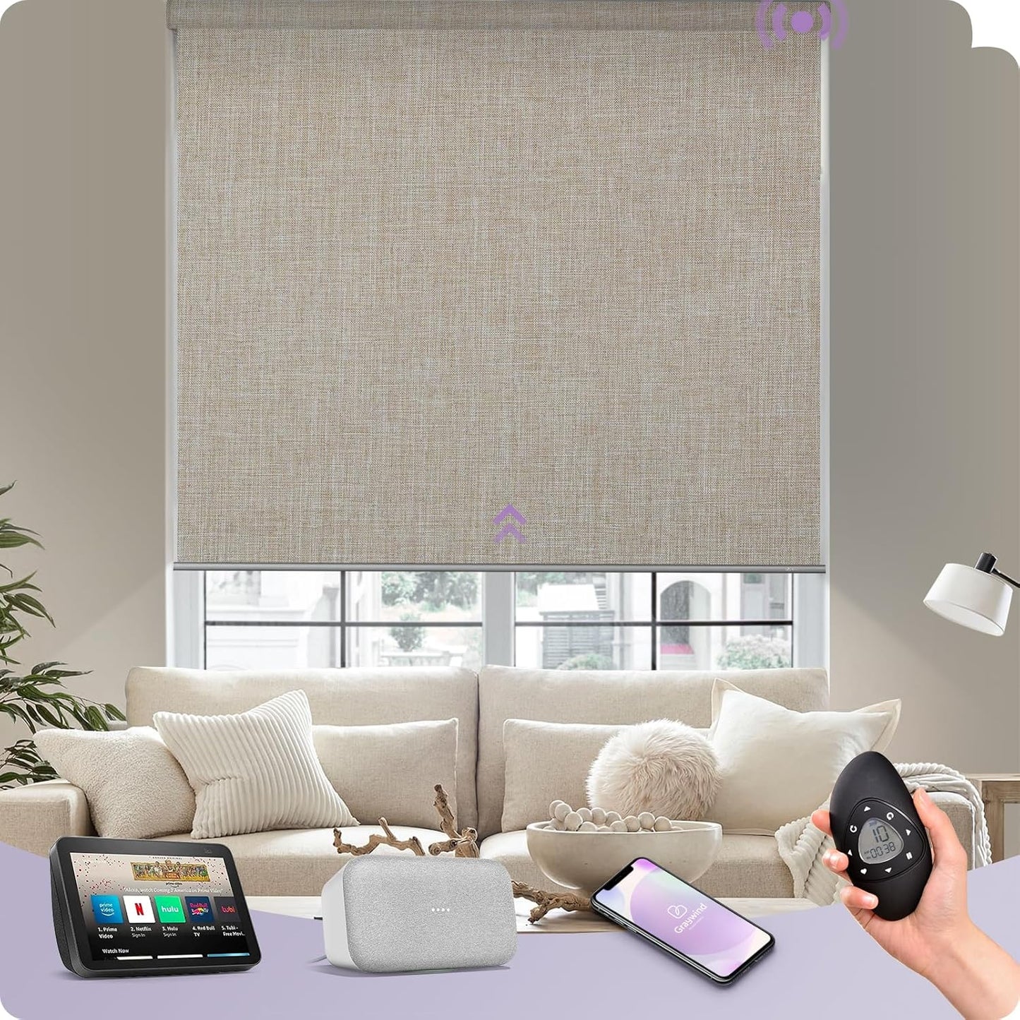 Graywind Motorized Roller Shades Compatible with Alexa Google Smart Blackout Shades with Remote Triple Weaved Fabric Window Blinds with Valance for Smart Home Office, Customized Size (Light Coffee)