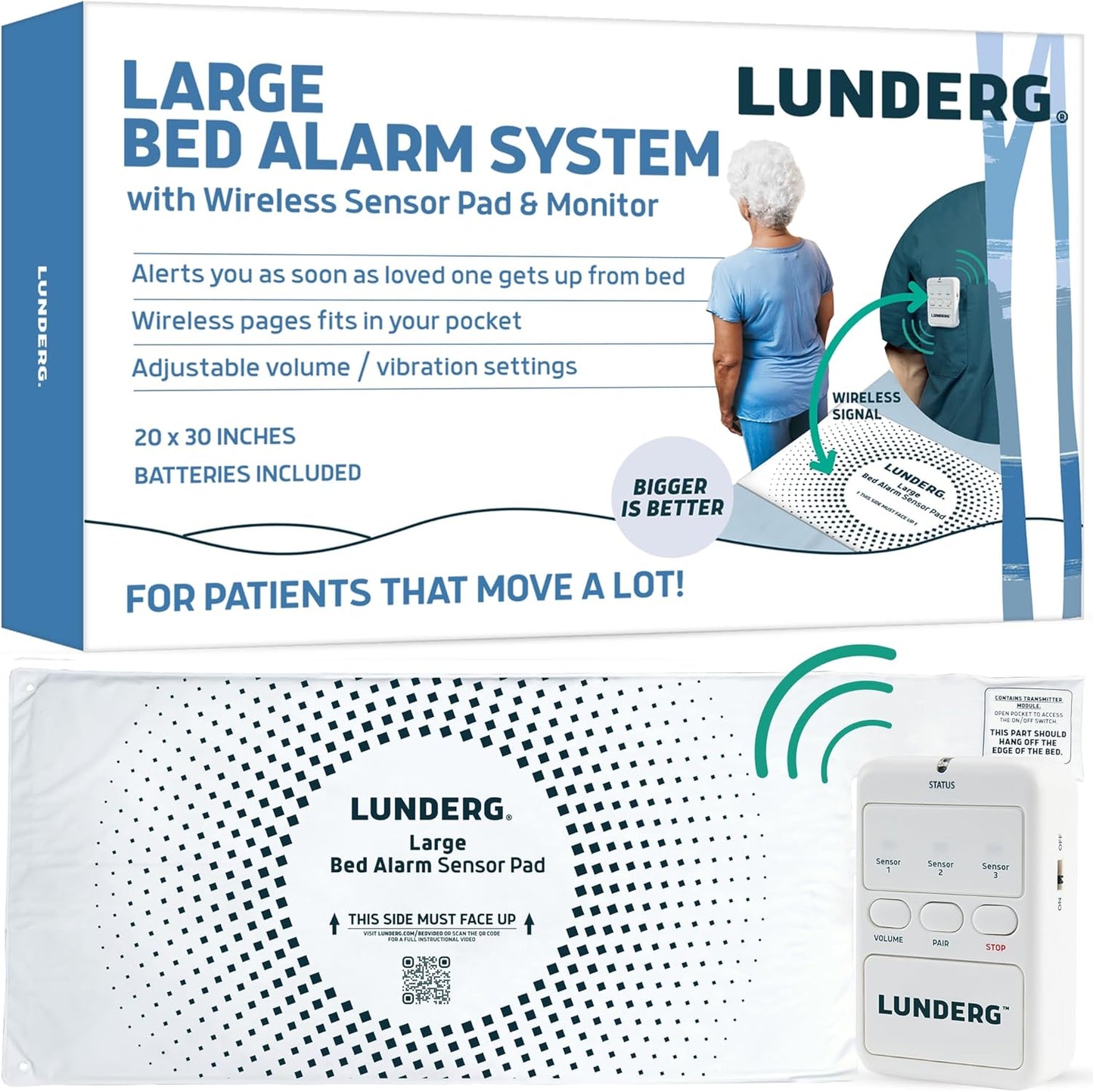 Lunderg Large Bed Alarm for Elderly Adults - Wireless Sensor Pad (20” x 30”) & Pager - Safety Bed Alarms and Fall Prevention for Elderly and Dementia Patients - for Patients That Move a lot