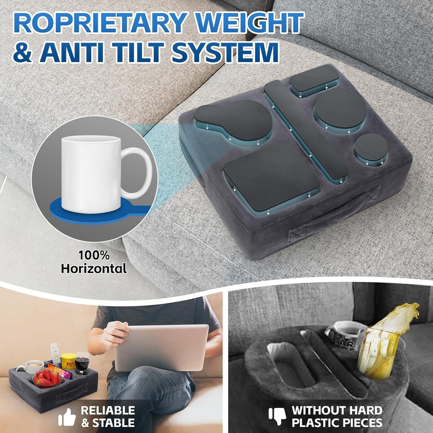 G GOOD GAIN Couch Cup Holder Pillow-Sofa Cup Holder Cozy Buddy | Bed Drink Caddy Holds Tablet, Remote, Snacks | Waterproof Anti-Spill Sofa Beverage Tray for Car, Park, Beach, Picnic, Boat, RV(Grey)