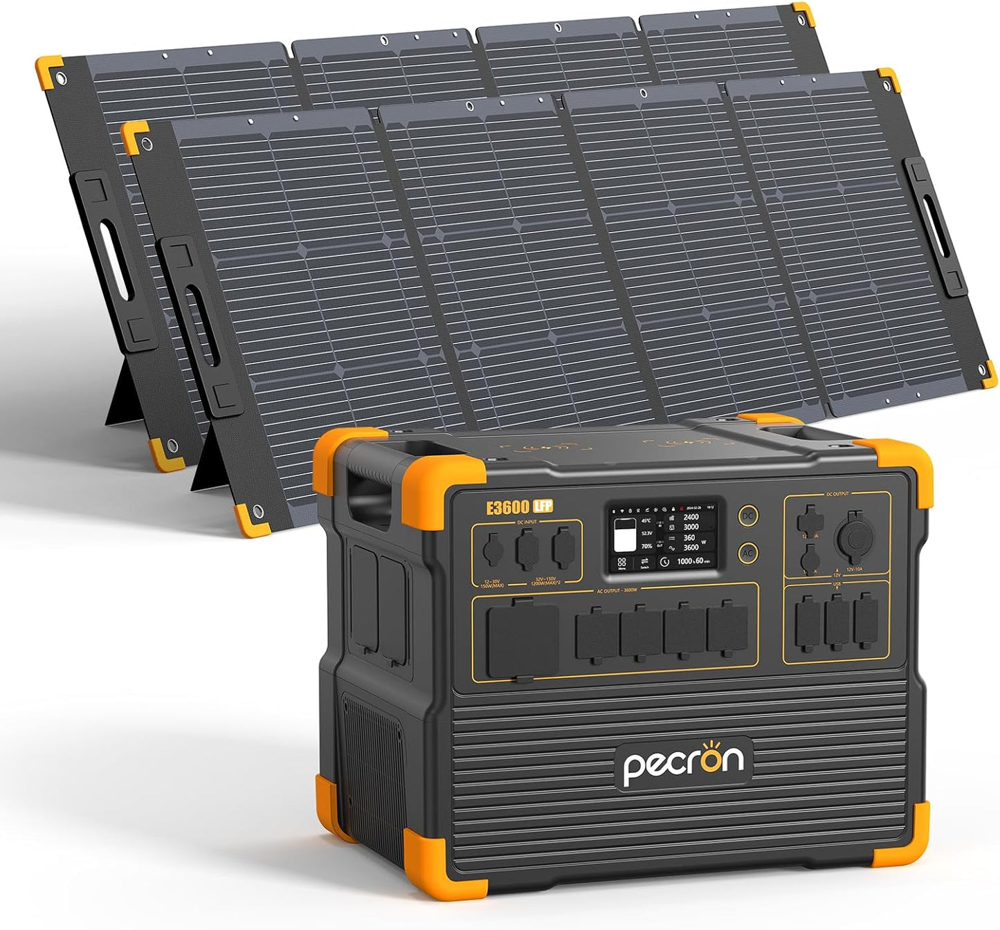 pecron Solar Generator E3600LFP 3072Wh with 2x300W Solar Panels, 5x3600W AC Outlets Portable Power Station, LiFePO4 Battery Backup Expanded to 15.36KWh, Power Station for Home Use, RV, Camping, CPAP