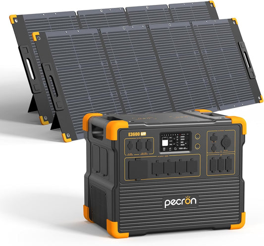 pecron Solar Generator E3600LFP 3072Wh with 2x300W Solar Panels, 5x3600W AC Outlets Portable Power Station, LiFePO4 Battery Backup Expanded to 15.36KWh, Power Station for Home Use, RV, Camping, CPAP