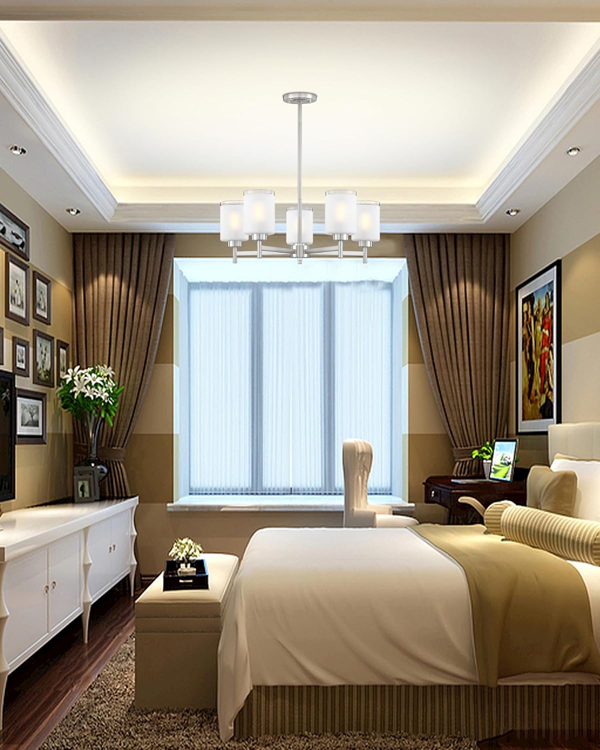 Doraimi Lighting 5 Light Chandelier Brushed Nickel Finish,Classic Style Ceiling Pendant Light Clear Frosted Glass Shade Fixture for Meeting Room Dining Room Over Table Living Room