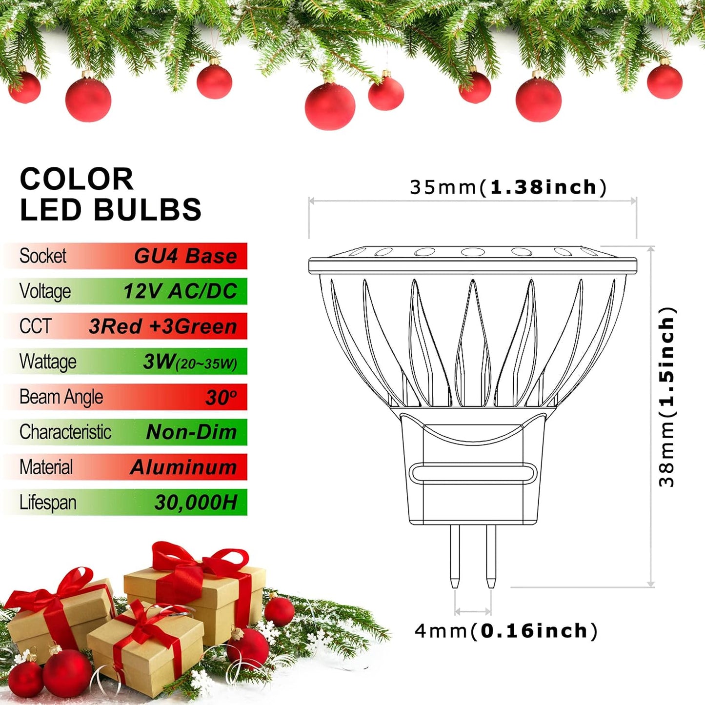 ALIDE Red Green MR11 GU4 Led Bulbs,Replace 10W 20W 35W Halogen,12V 3W Red Green MR11 for Christmas Holiday Decoration Outdoor Landscape Lighting,30 Deg,6 Pack Mix