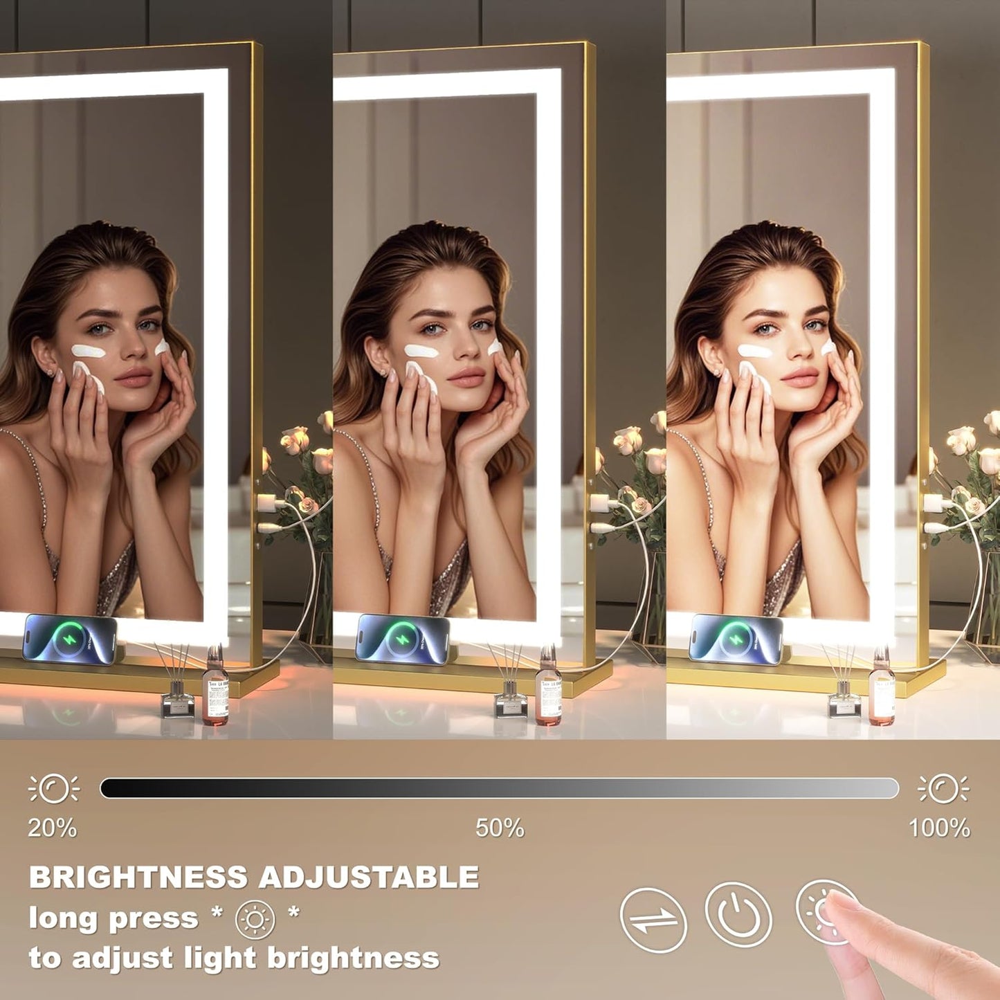 Hasipu Vanity Mirror with Lights, 32" x 22" LED Makeup Mirror, Lighted Makeup Mirror with Dimmable 3 Modes, Touch Screen Control Vanity Mirror Square Gold