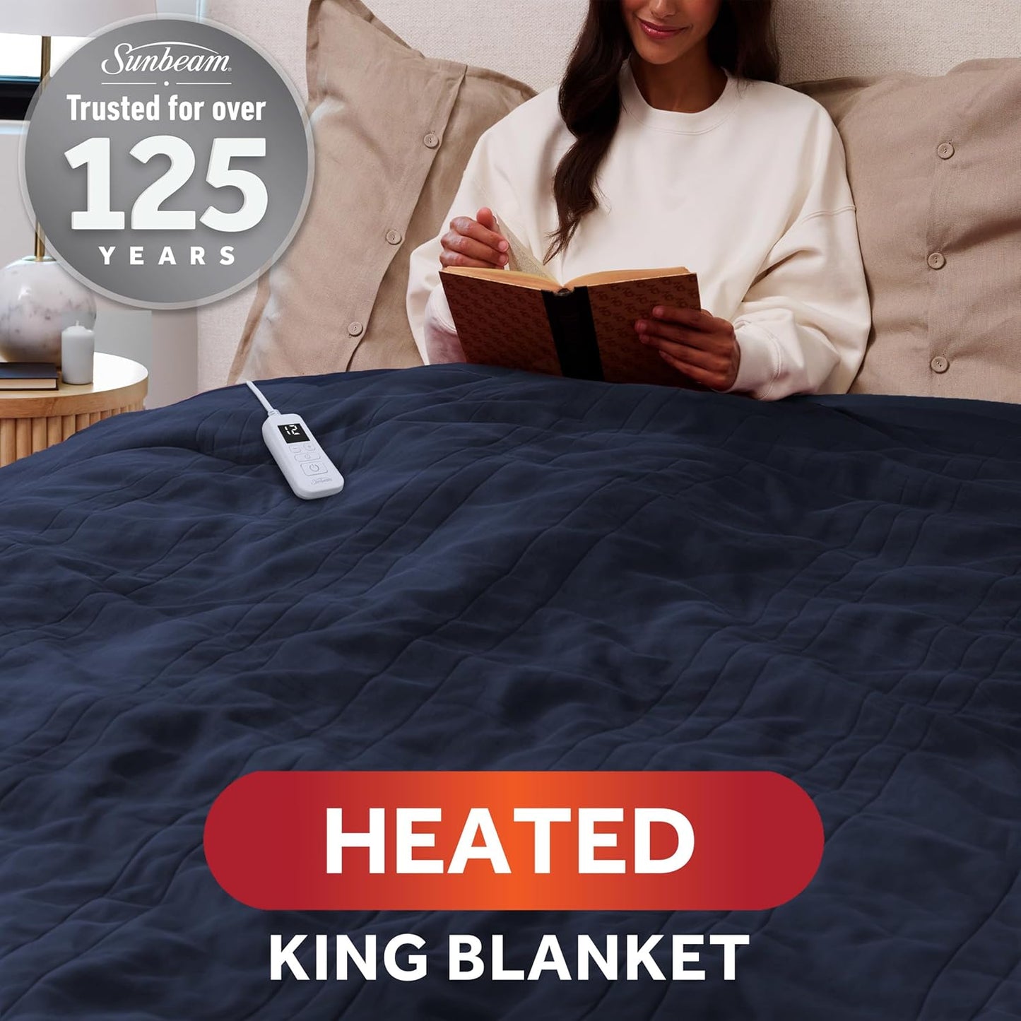 Sunbeam Royal Ultra Fleece Heated Electric Blanket King Size, 90" x 100", 12 Heat Settings, 12-Hour Selectable Auto Shut-Off, Fast Heating, Machine Washable, Warm and Cozy, Indigo