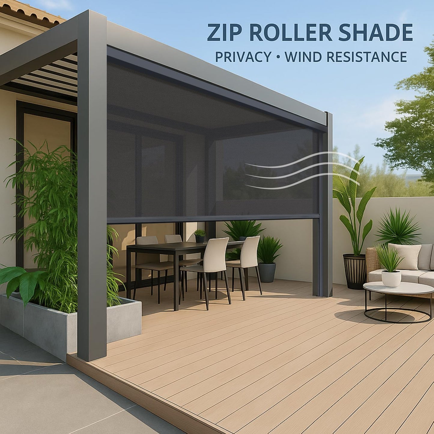 ZSHINE Hard-Wired Outdoor Snow Blocking Weatherproof Motorized Patio Roller Shades Remote Control for Porch Balcony Customized Size (Black Grey 10% Openness)
