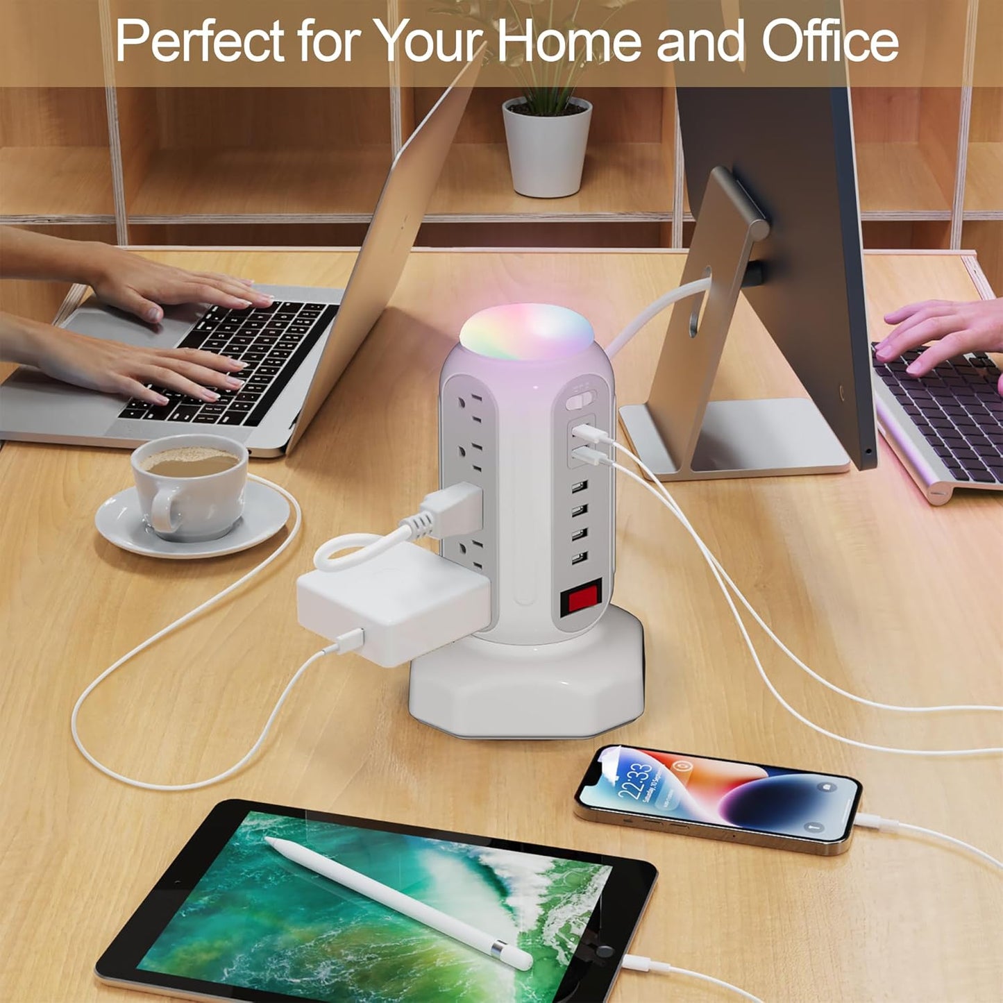 Power Strip Surge Protector Tower, 15 AC Outlets and 6 USB Ports with LED Light, Retractable Heavy Duty Extension Cord with Multiple Outlets, USB Charging Station with Right Flat Plug (White)