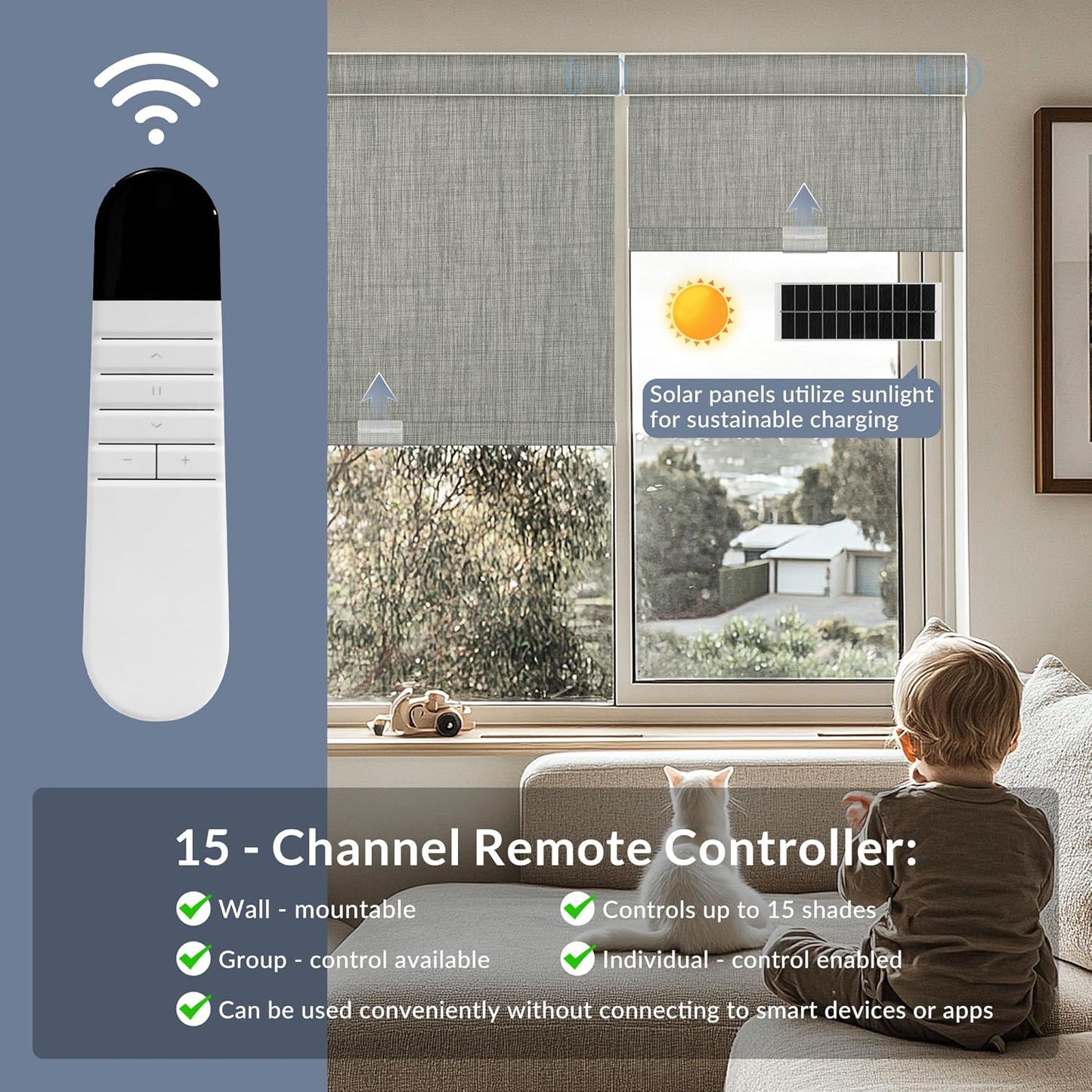 Boolegon Motorized Roller Blinds - 100% Blackout Smart Electric Shades with Remote, Compatible with Alexa/Google Home/HomeKit via Hub, Easy Install for Home Office, Light Grey, Custom Size.