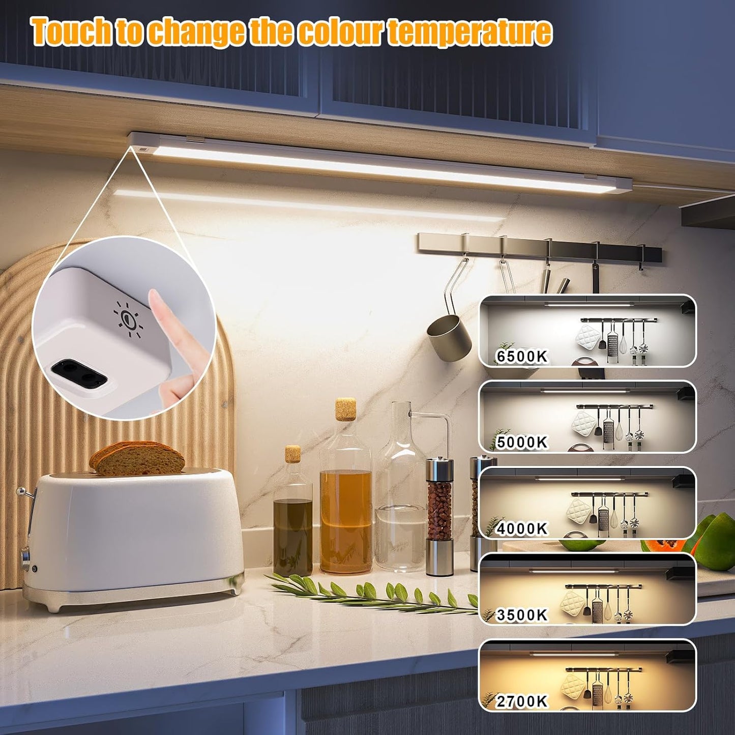 MYPLUS 16" Hand Wave Activated Under Counter Lighting, 2 Pcs LED Cabient Lights Motion Sensor with 5 Color Warm/Daylight/Cold White, Bright 450 Lumens LED Lights for Kitchen