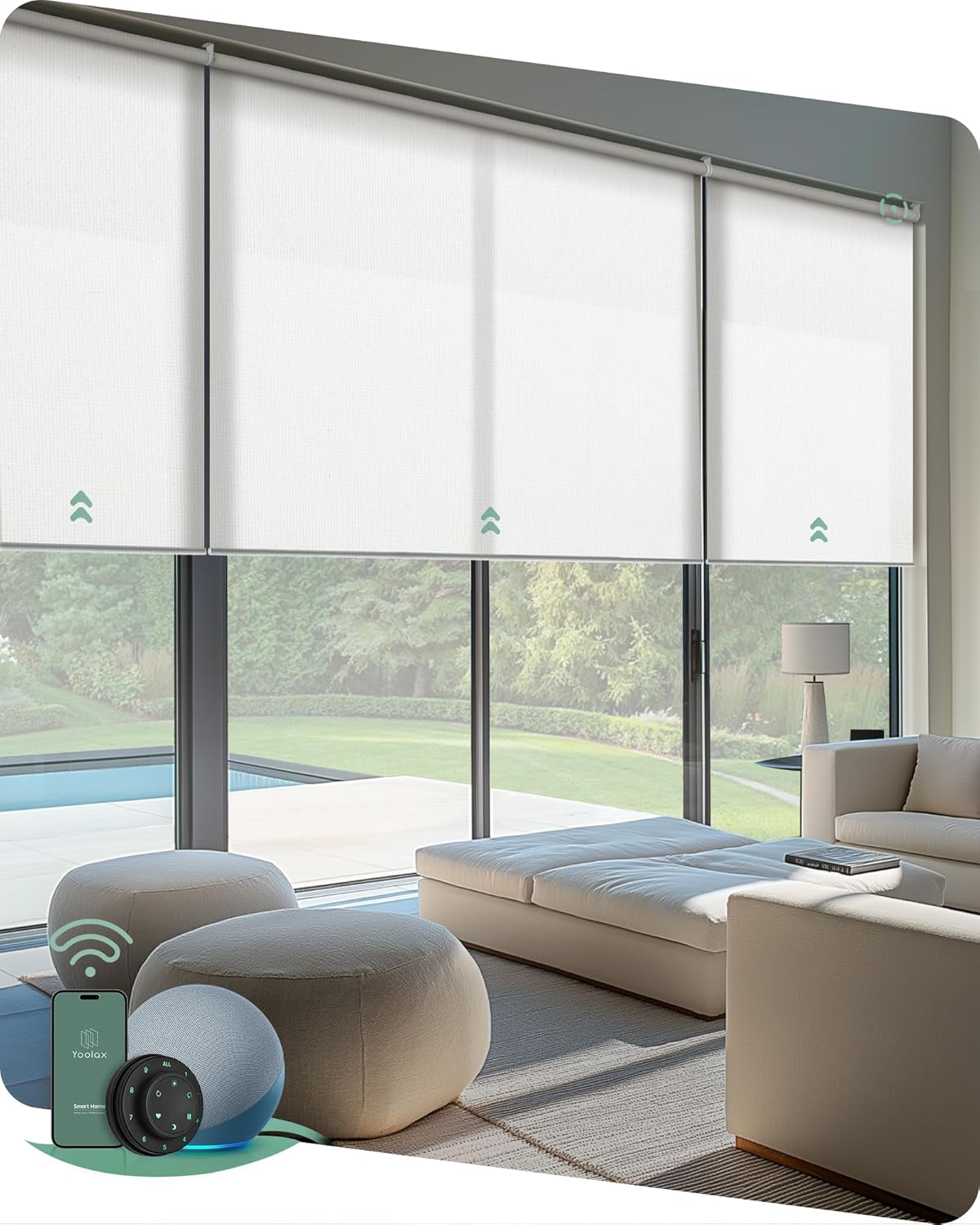 Yoolax Smart Coupled Roller Shades Compatible with Alexa Google, Motorized Blinds with Remote Light Filtering Coupled Roller Shades for X-Large Windows, Custom Size(XL Coupled-Pure White)